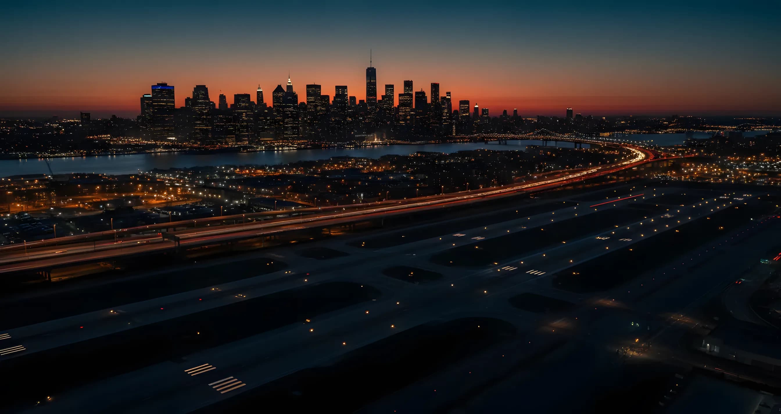 Aerial view of the Manhattan skyline at dusk, seen from over Queens with glowing airport and highway lights in the foreground.