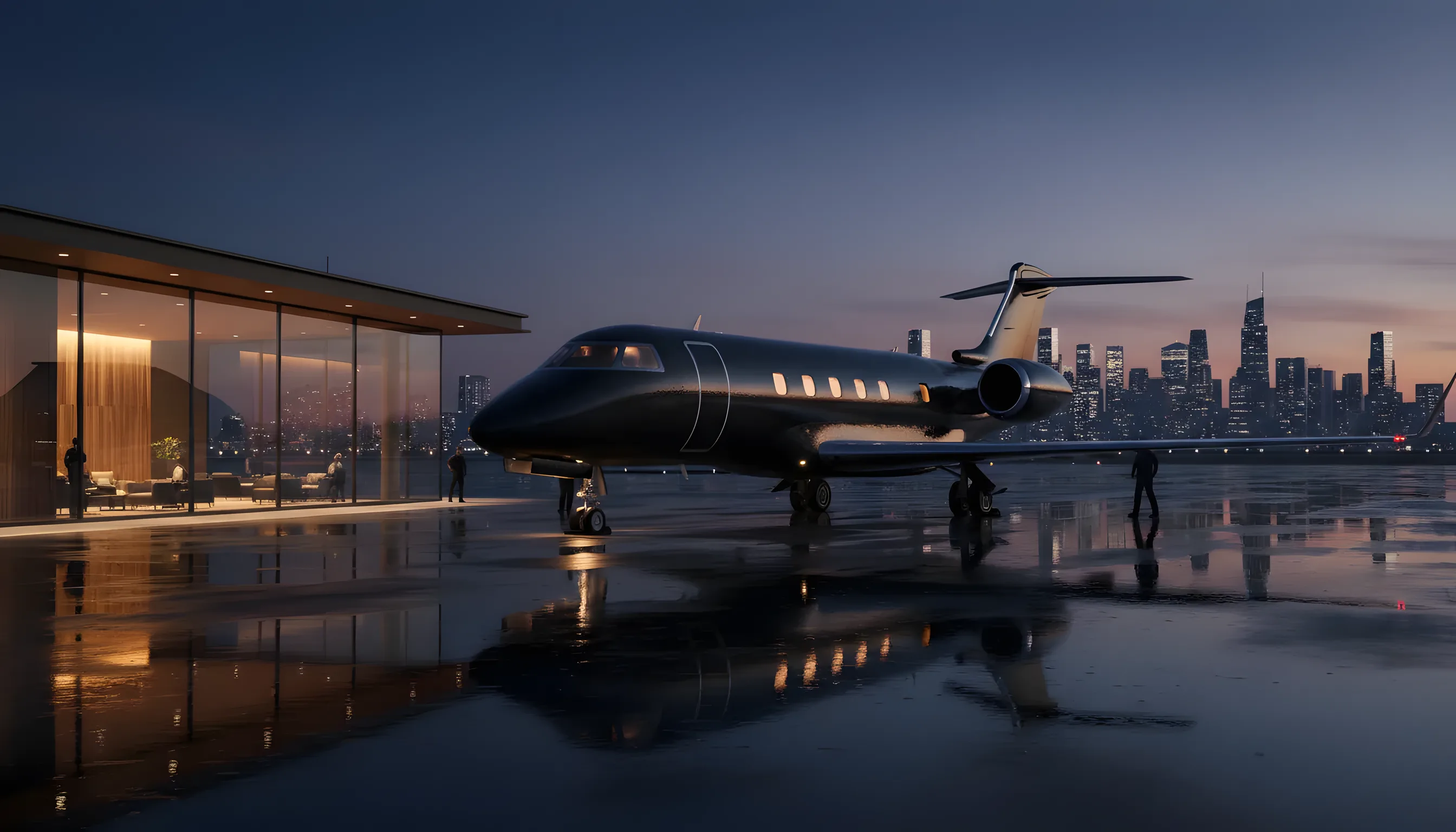 A private jet on an airport tarmac at dusk with a city skyline in the background.