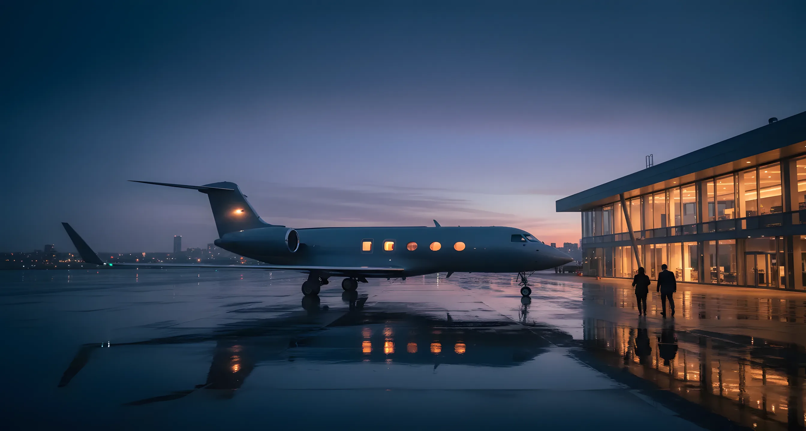 A private jet on an airport tarmac at dusk, with a city skyline glowing in the distance.