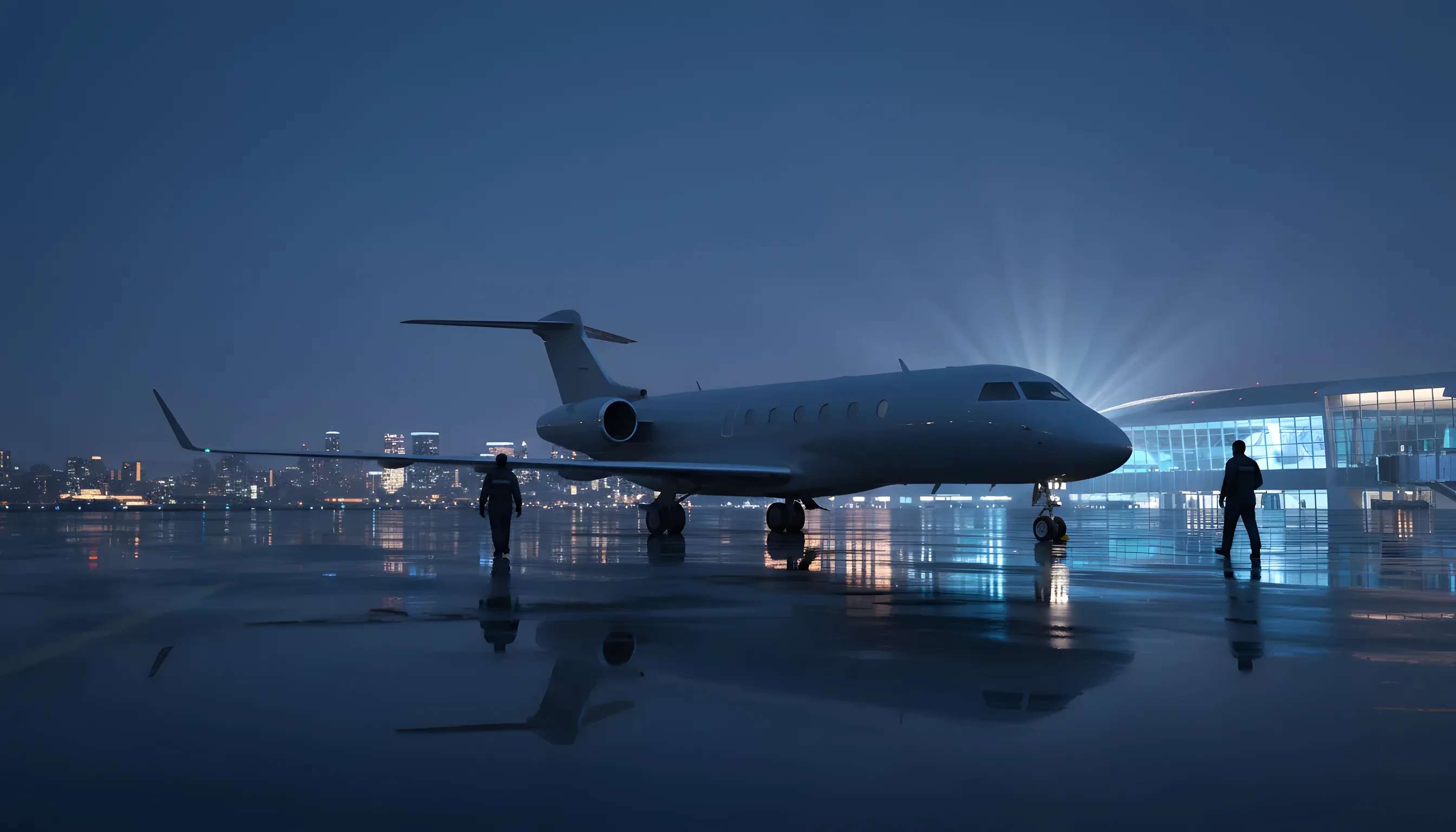 A private jet on an airport tarmac at dusk, with a glowing terminal and city skyline in the background.