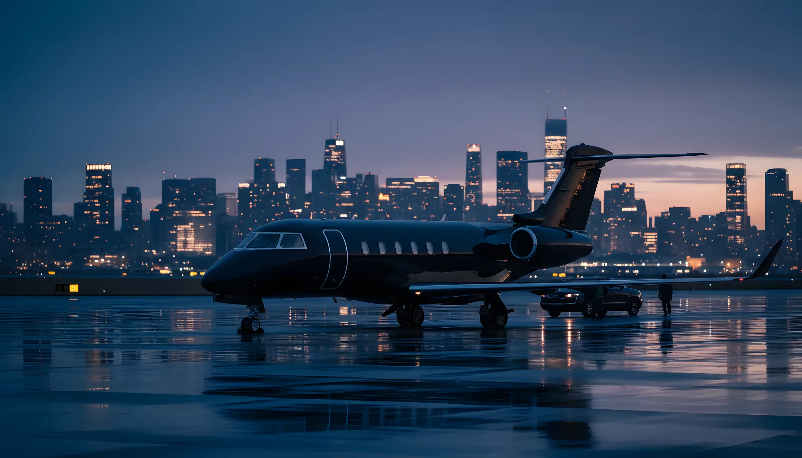 A private jet on an airport tarmac at dusk with a city skyline in the background.