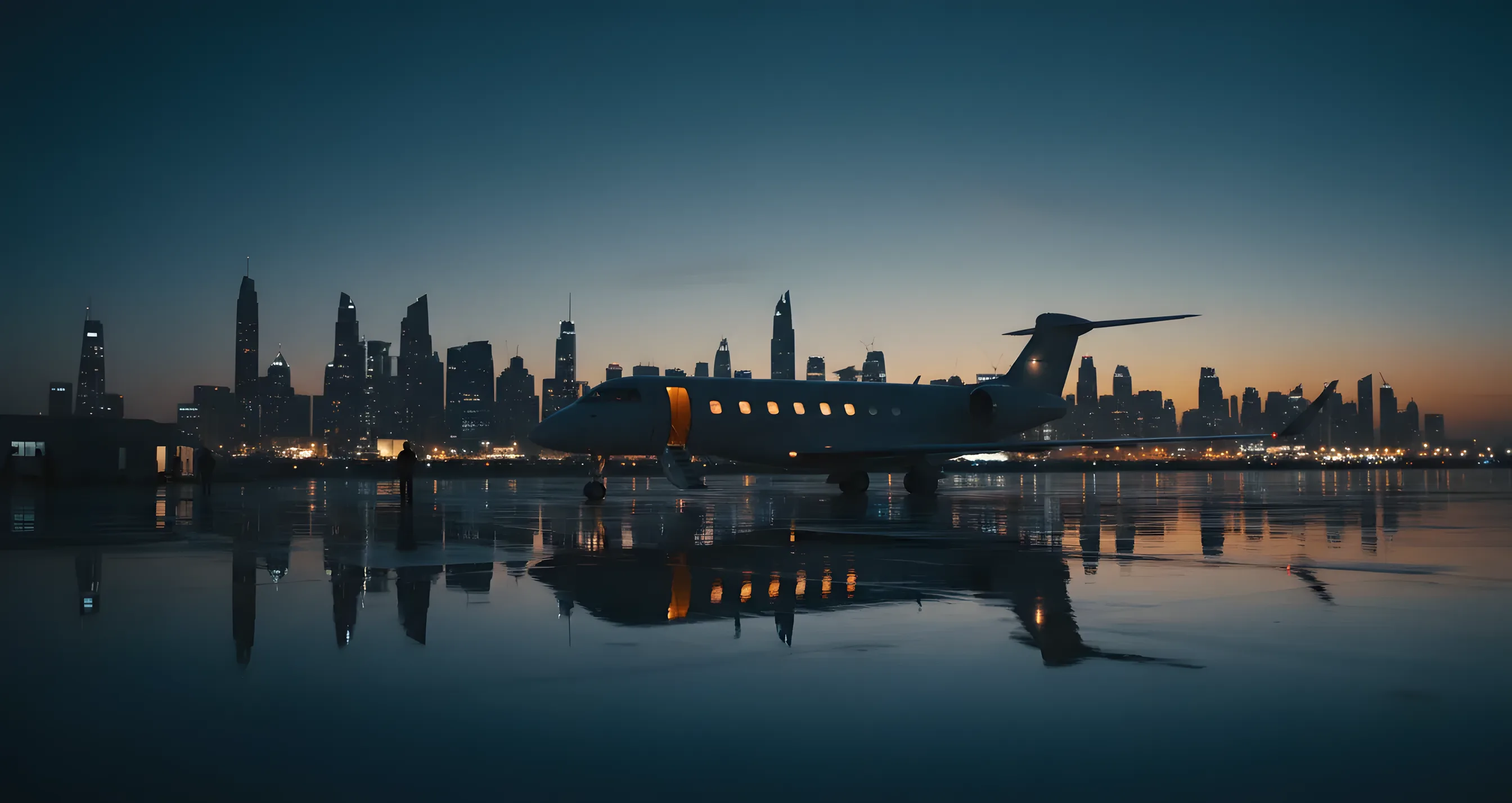 A private jet on an airport tarmac at dusk, with a city skyline in the background.