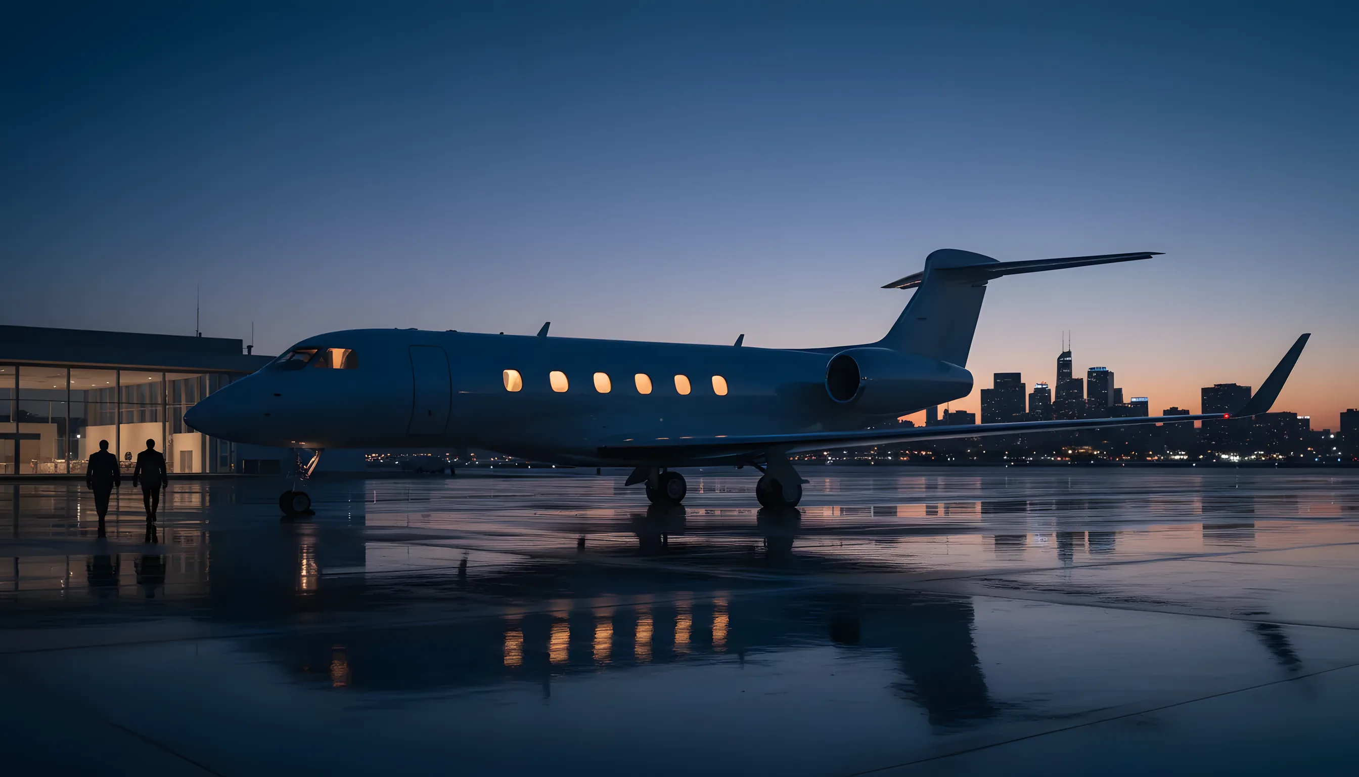 A private jet on an airport tarmac at dusk, its interior lights glowing warmly.