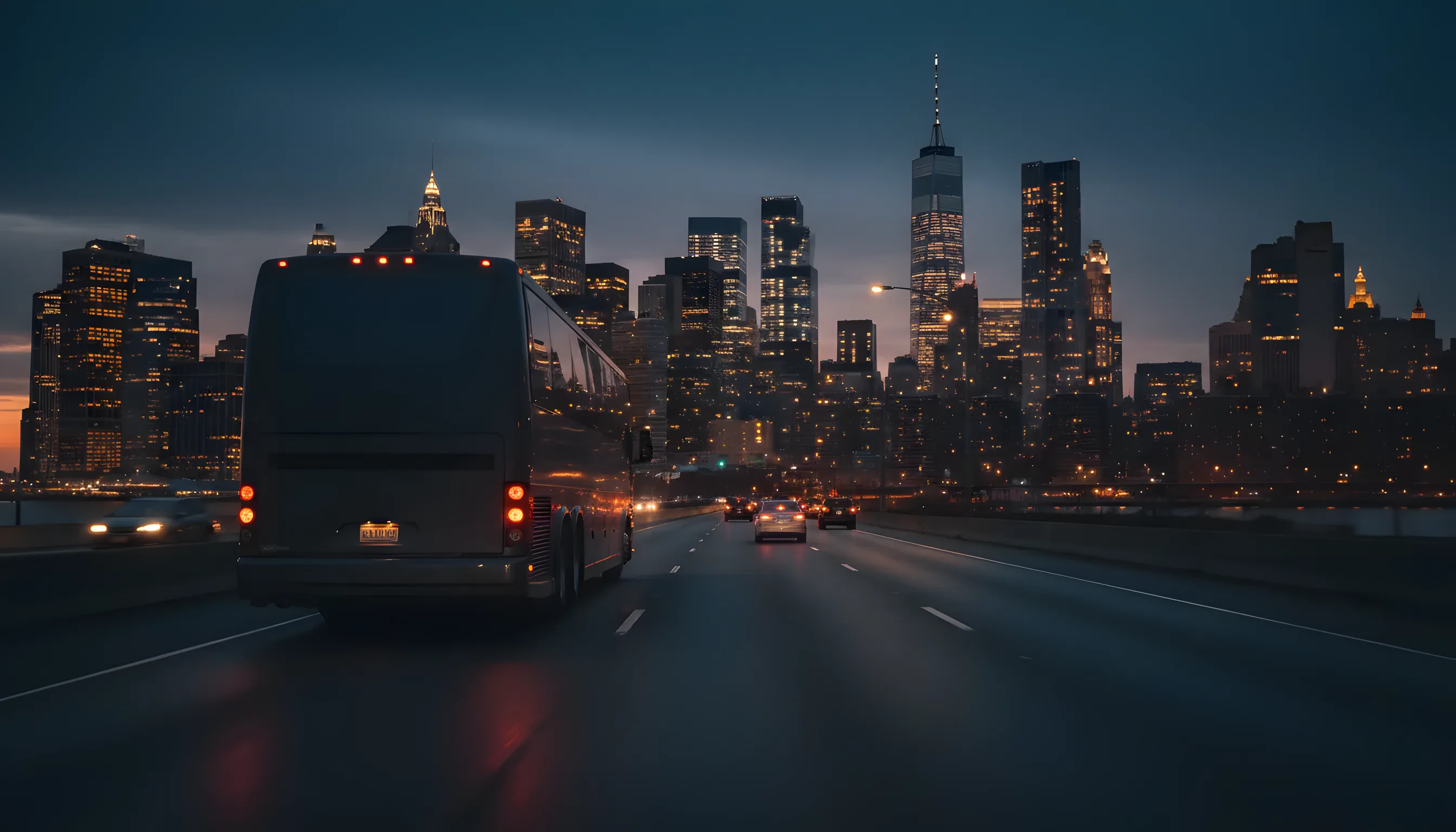 A bus travels on a highway away from a city skyline at dusk.