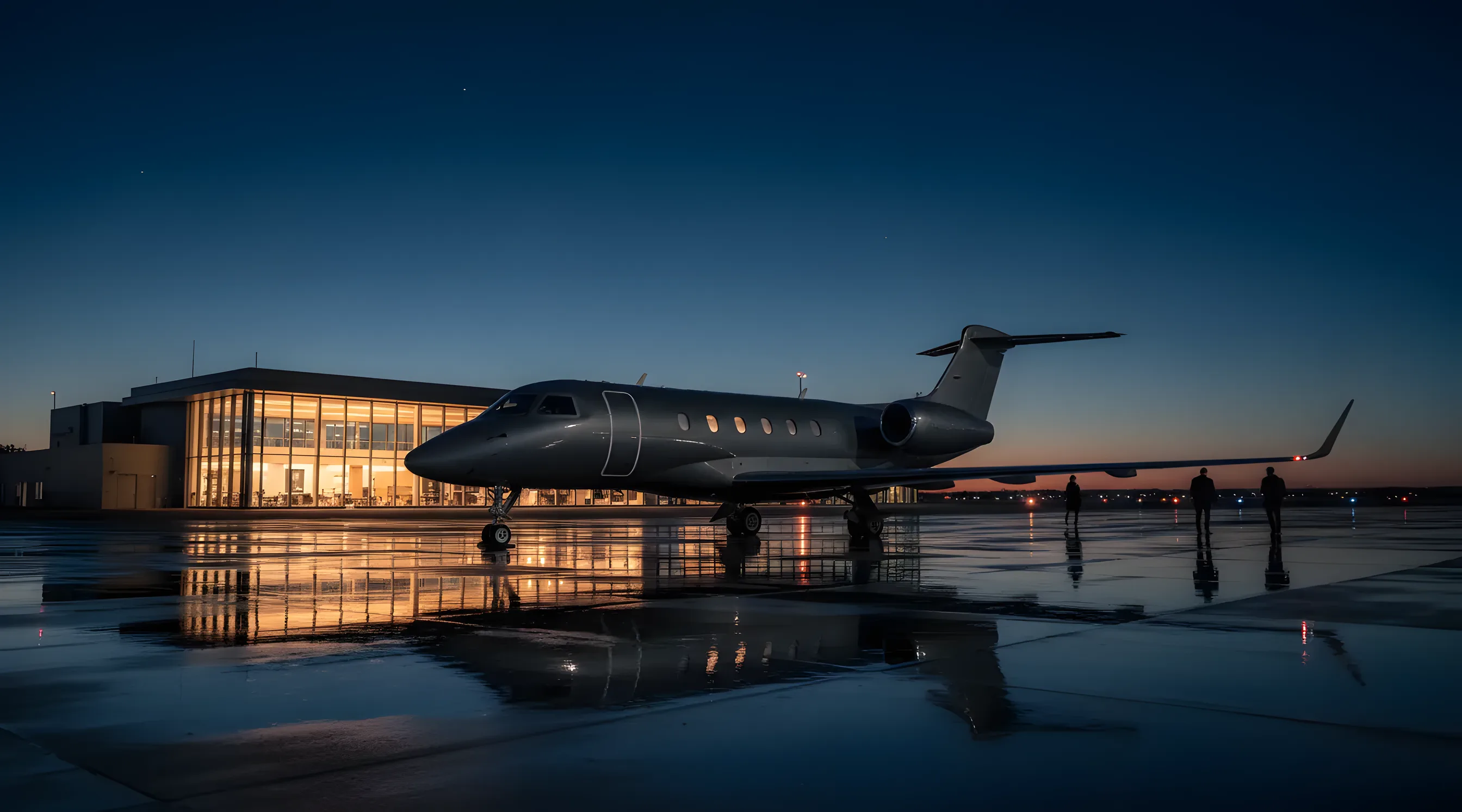 A private jet on an airport tarmac at dusk, with a warmly lit modern terminal in the background.