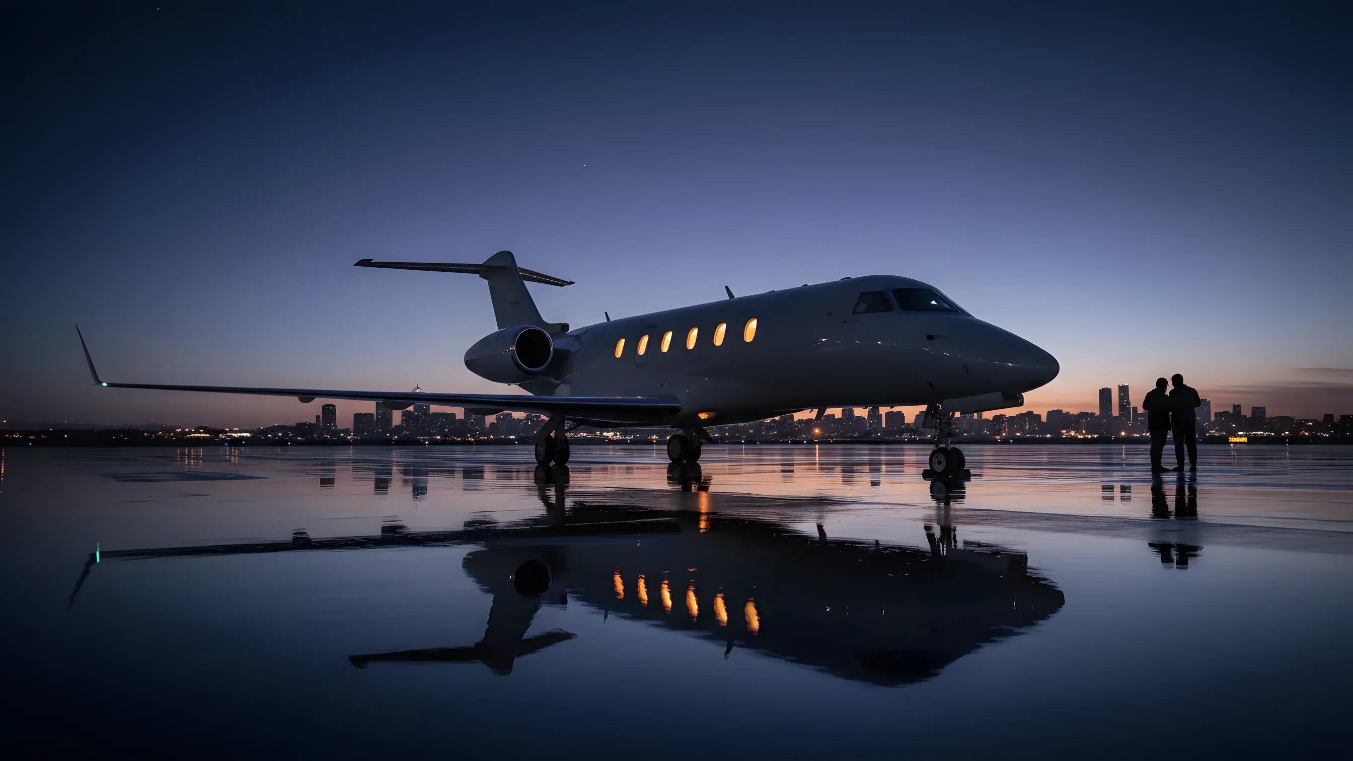 A private jet on an airport tarmac at dusk, with a city skyline in the background.
