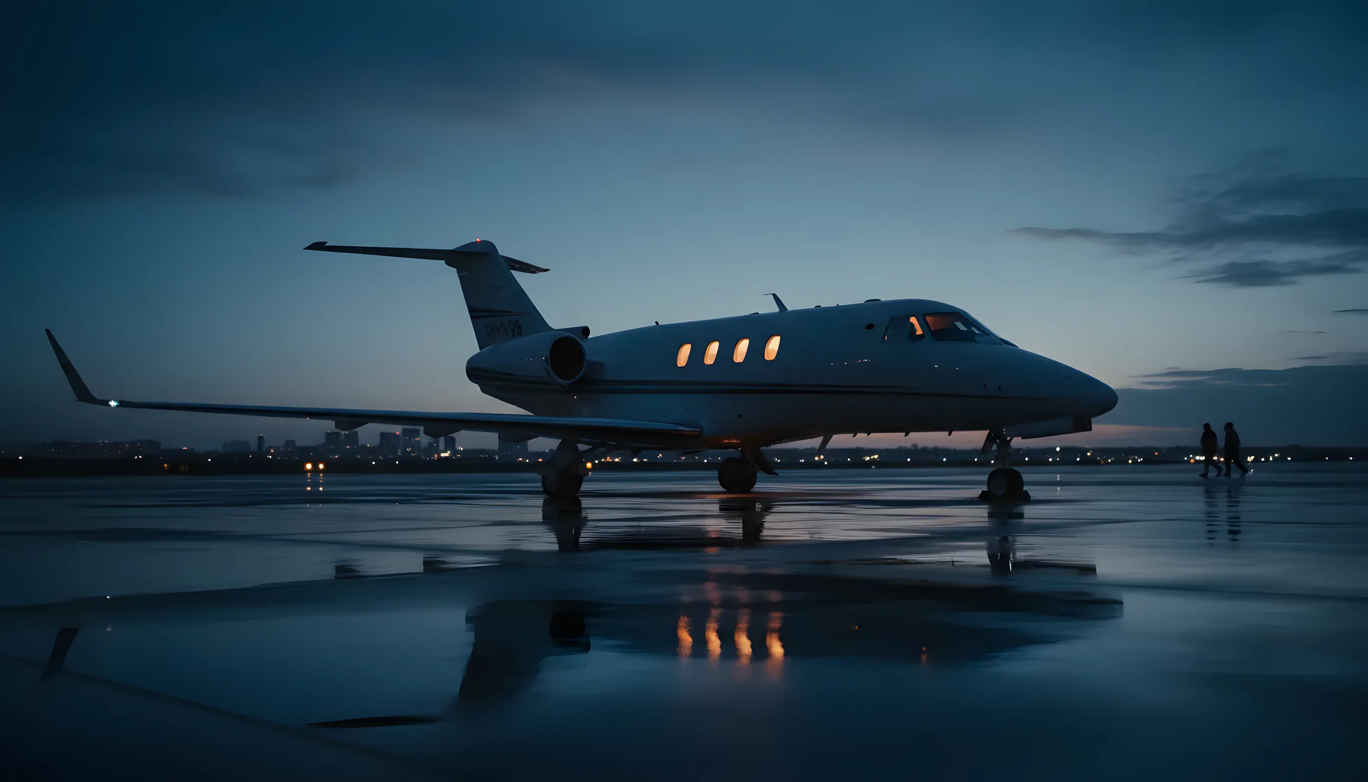 A private jet sits on an airport tarmac at dusk, with a city skyline in the background.