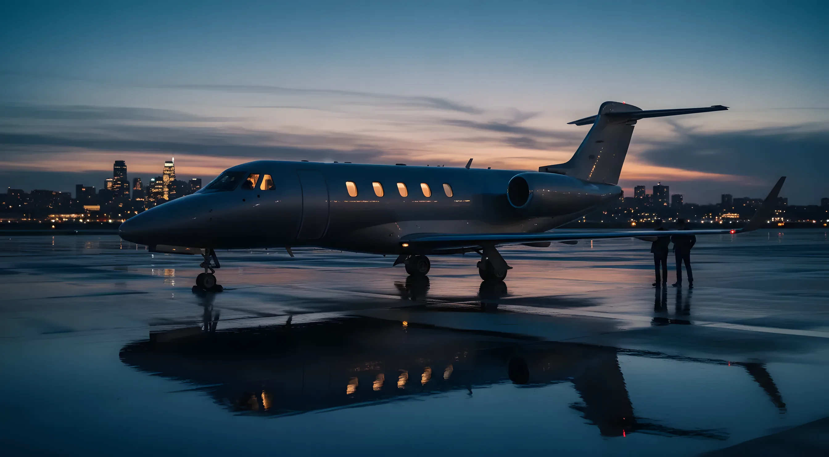 A private jet on an airport tarmac at dusk, with a city skyline glowing in the background.