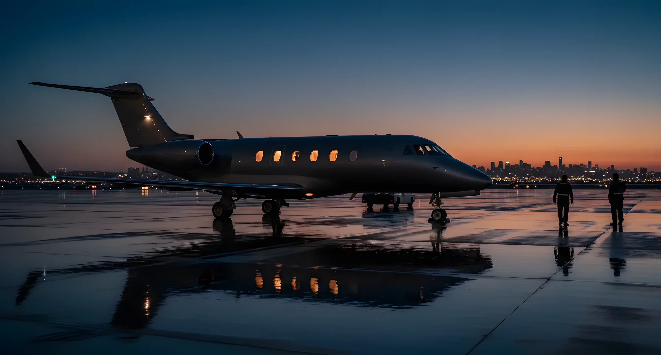 A private jet on an airport tarmac at dusk, with a city skyline in the background.