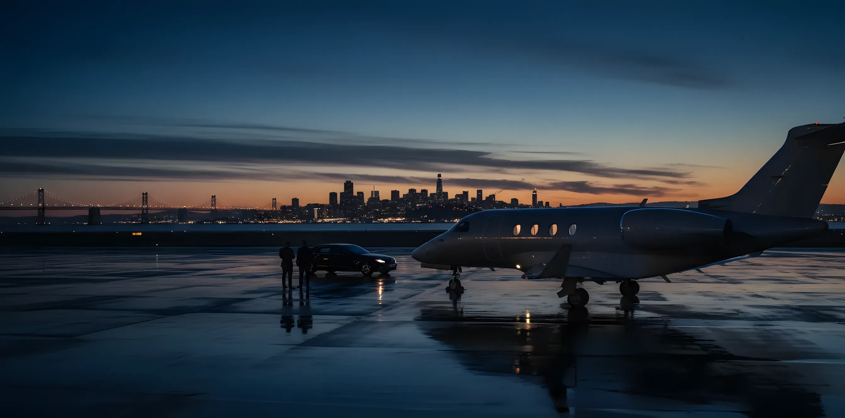 A private jet on an airport tarmac at dusk, with the San Francisco skyline and Bay Bridge in the distance.