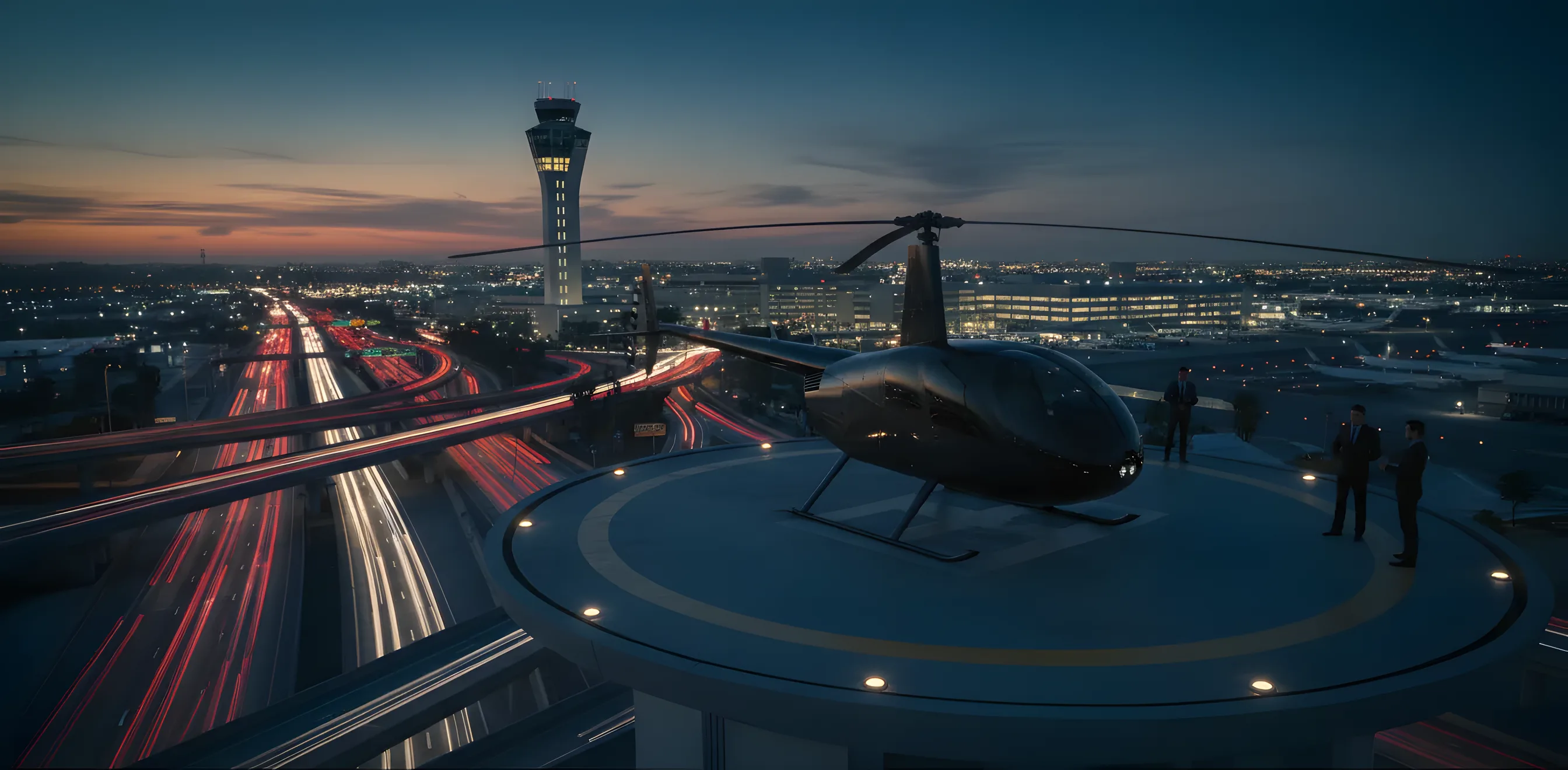 A helicopter on a helipad at dusk, with the glowing LAX control tower and traffic-filled freeways in the background.