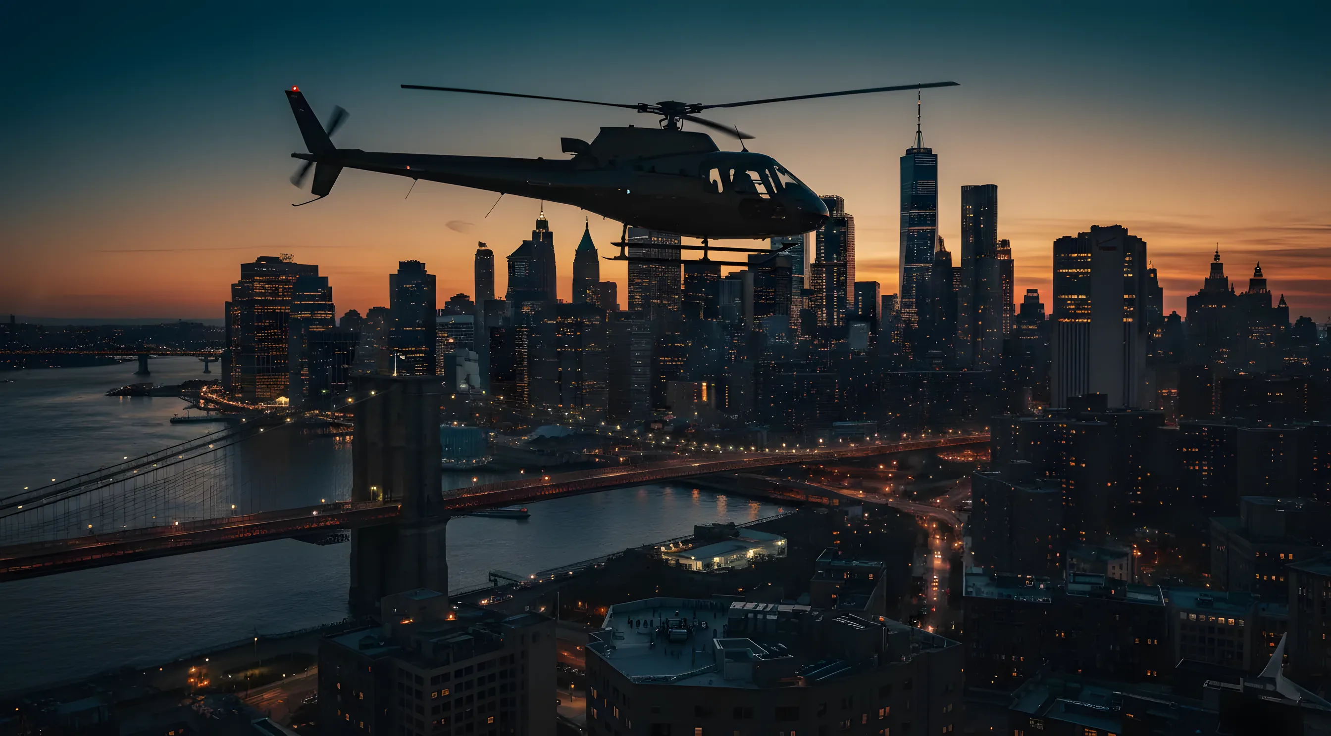 A helicopter flies over the glowing Lower Manhattan skyline at dusk.