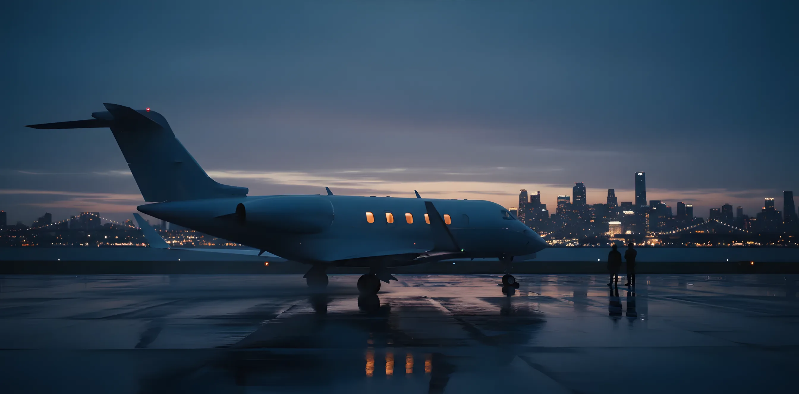 A private jet on an airport tarmac at dusk with a city skyline in the distance.