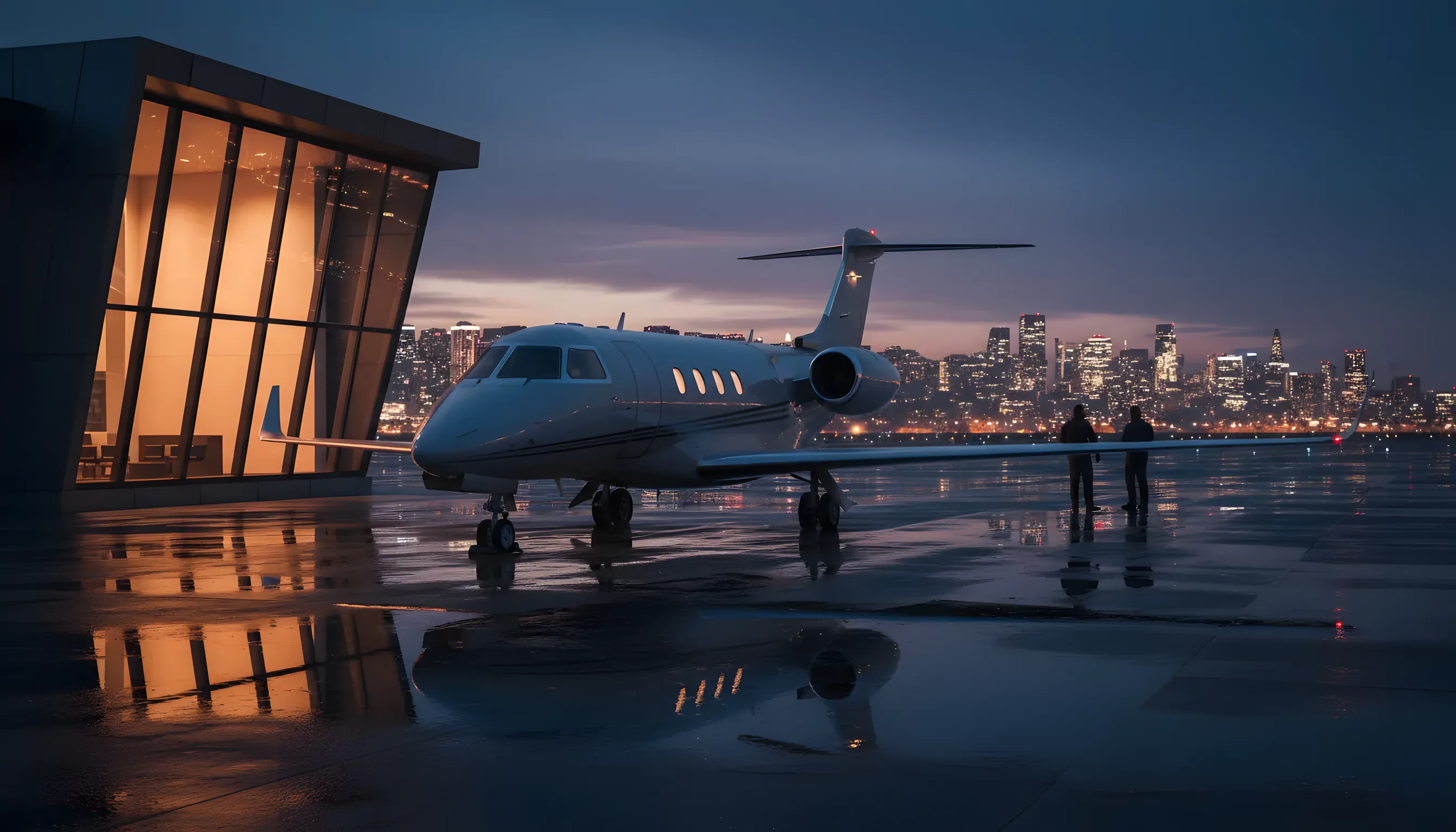A private jet on an airport tarmac at dusk, with a city skyline visible in the distance.