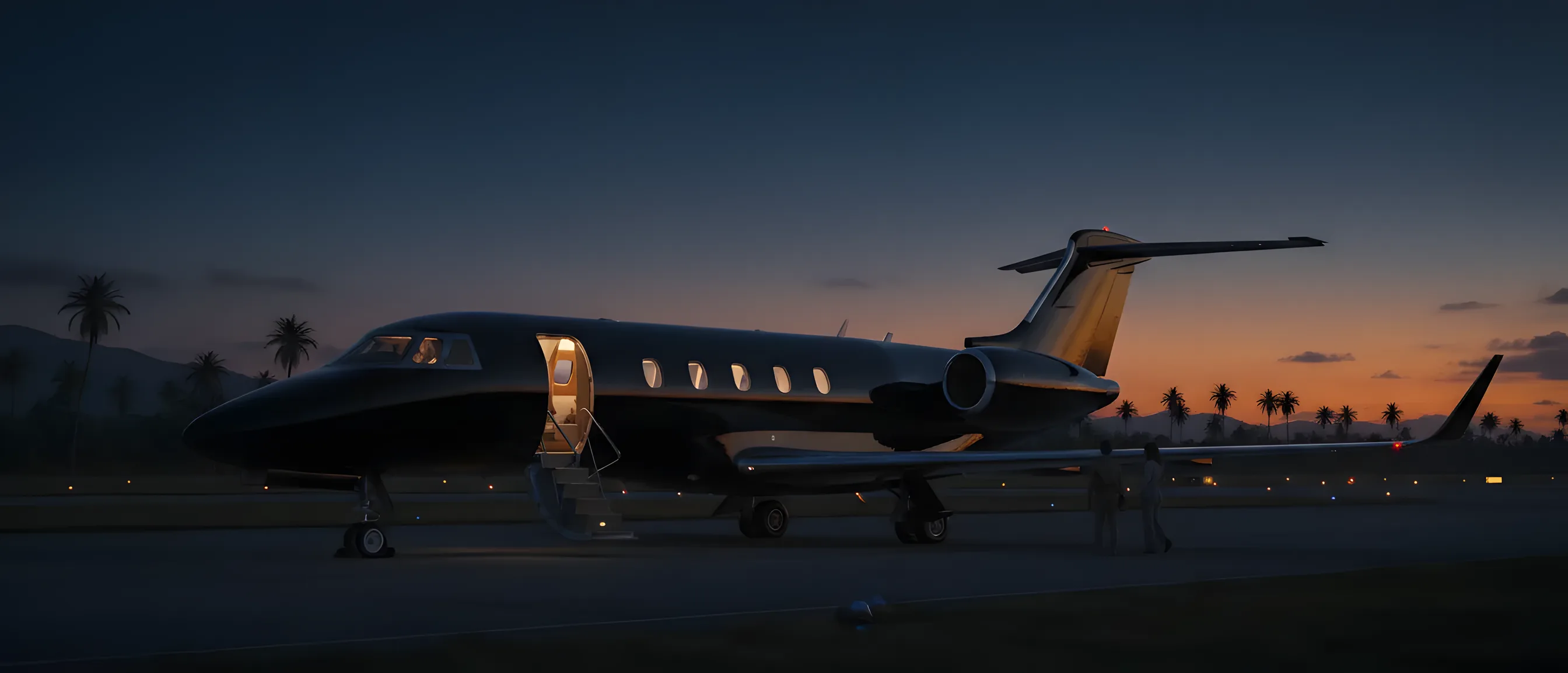A private jet on a tropical runway at dusk, preparing for a luxury trip.