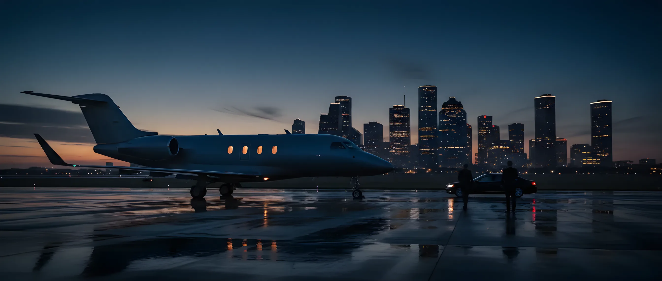A private jet on an airfield at dusk with the Houston city skyline in the distance.