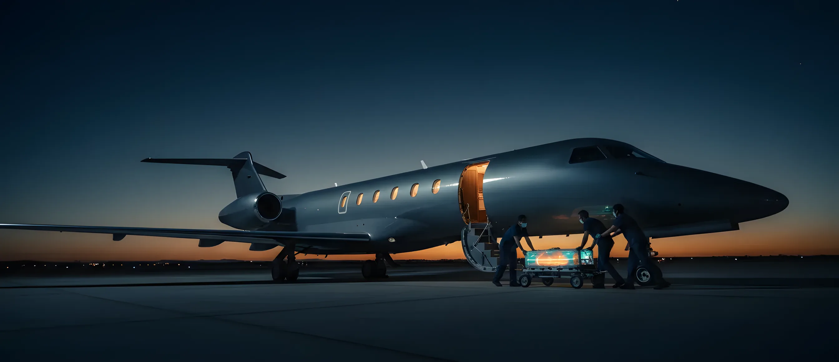 Medical team loading a glowing organ transport container onto a private jet at dusk.
