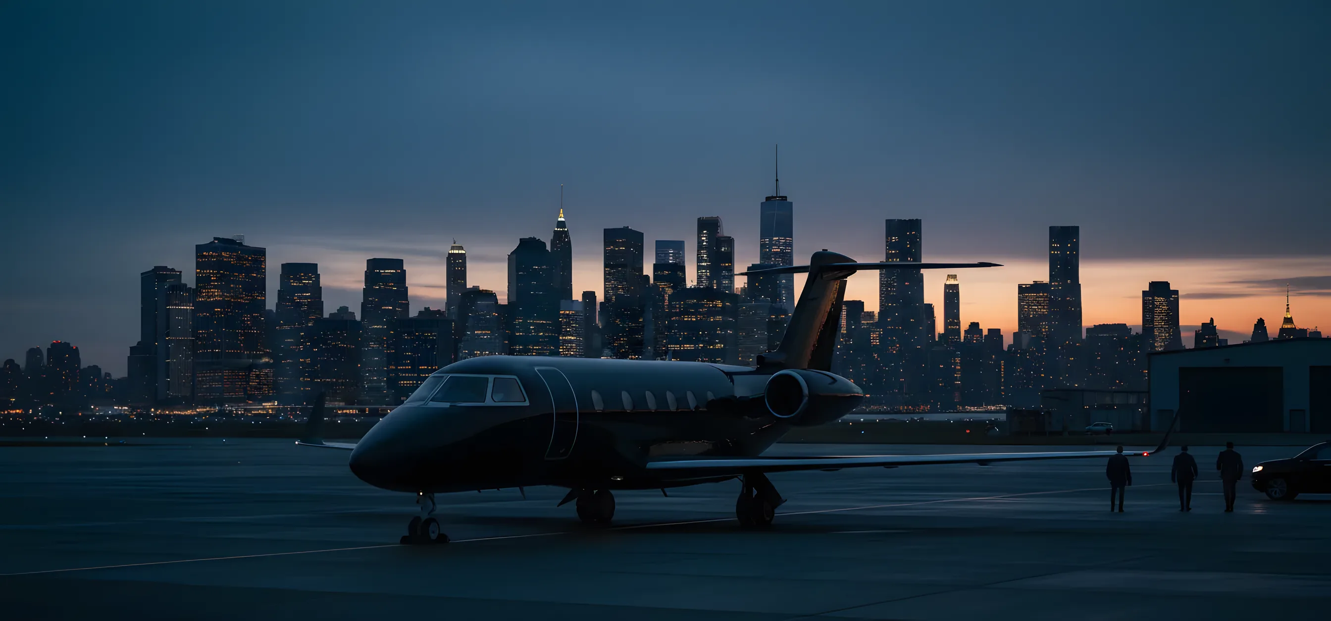 A private jet on an airfield at dusk with the New York City skyline in the background.