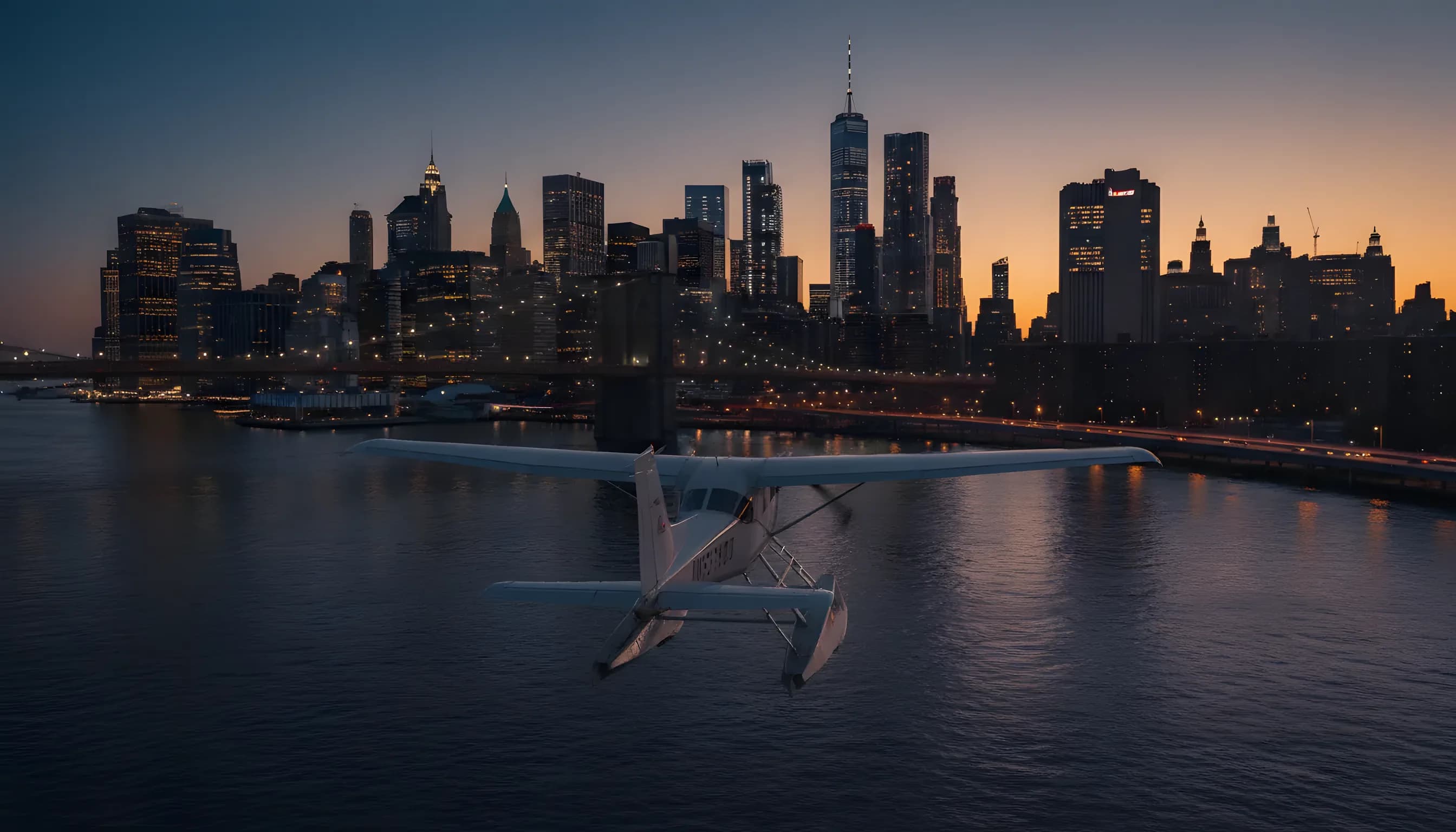 A seaplane flies over a river at dusk, with a glowing city skyline in the background.