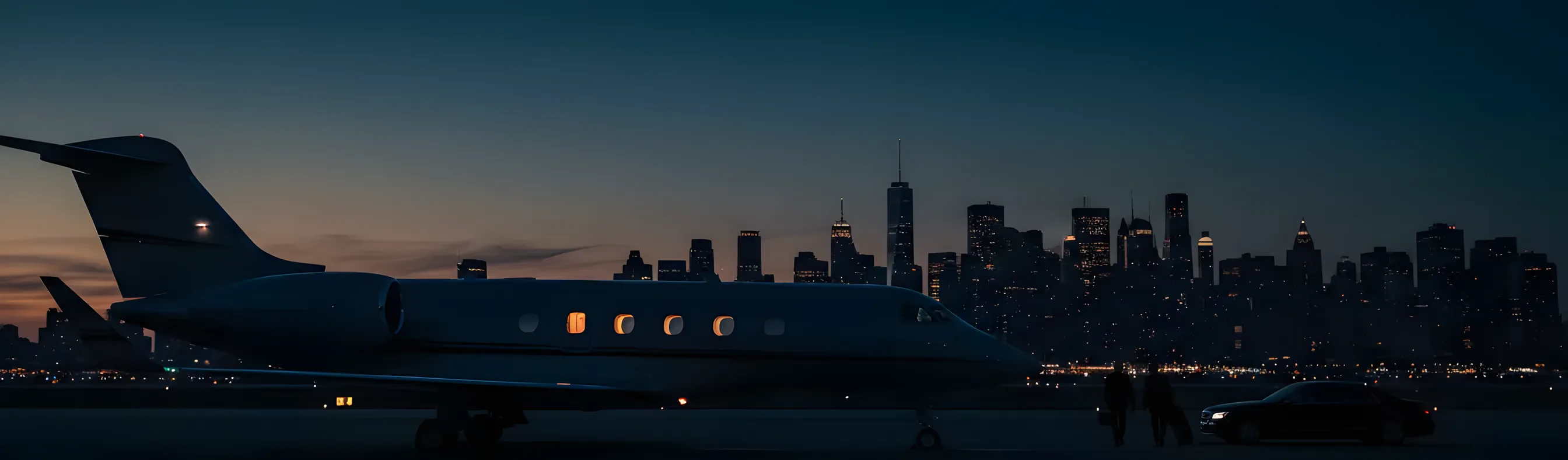 A private jet on an airport tarmac at dusk, with the New York City skyline visible in the distance.
