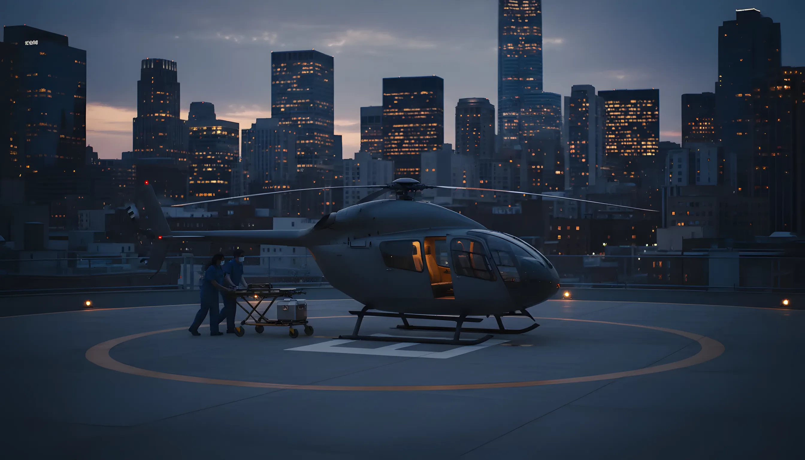 A helicopter on a hospital helipad at dusk, with a city skyline in the background and medical staff nearby.