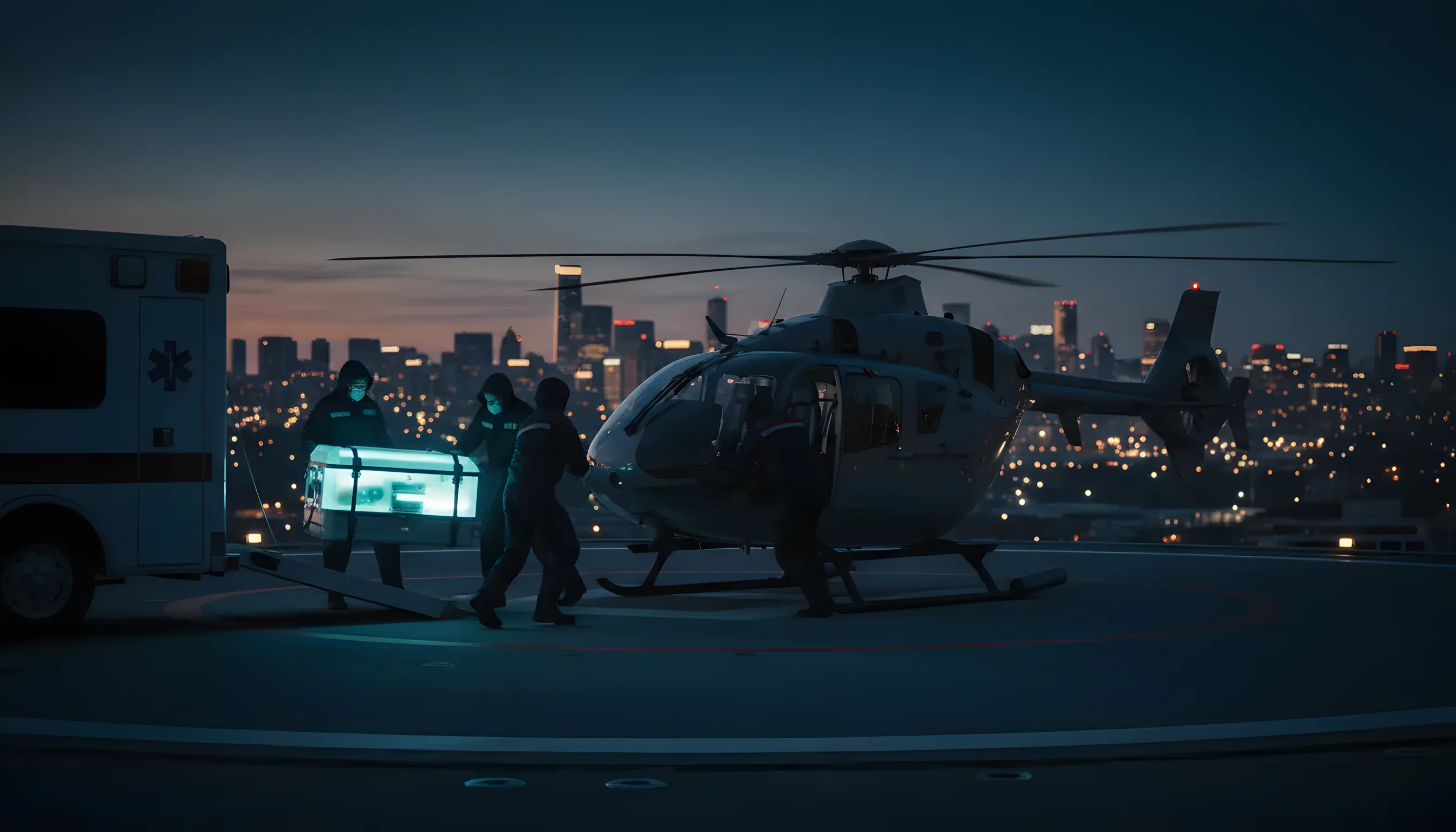 A medical team loads an organ transport container into a helicopter on a rooftop at dusk.