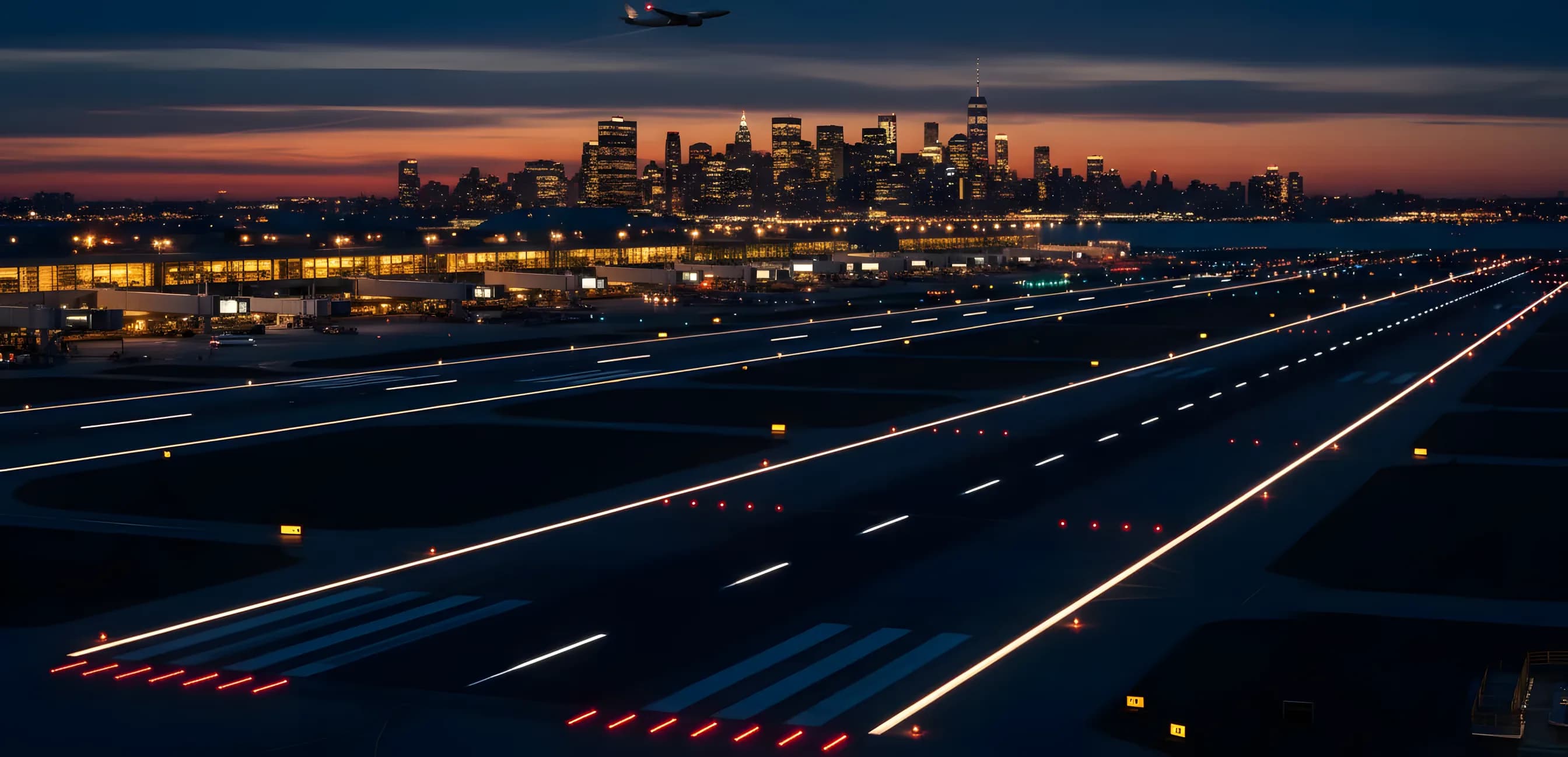 Newark Airport terminals and the Manhattan skyline at dusk as a plane takes off for an international flight.