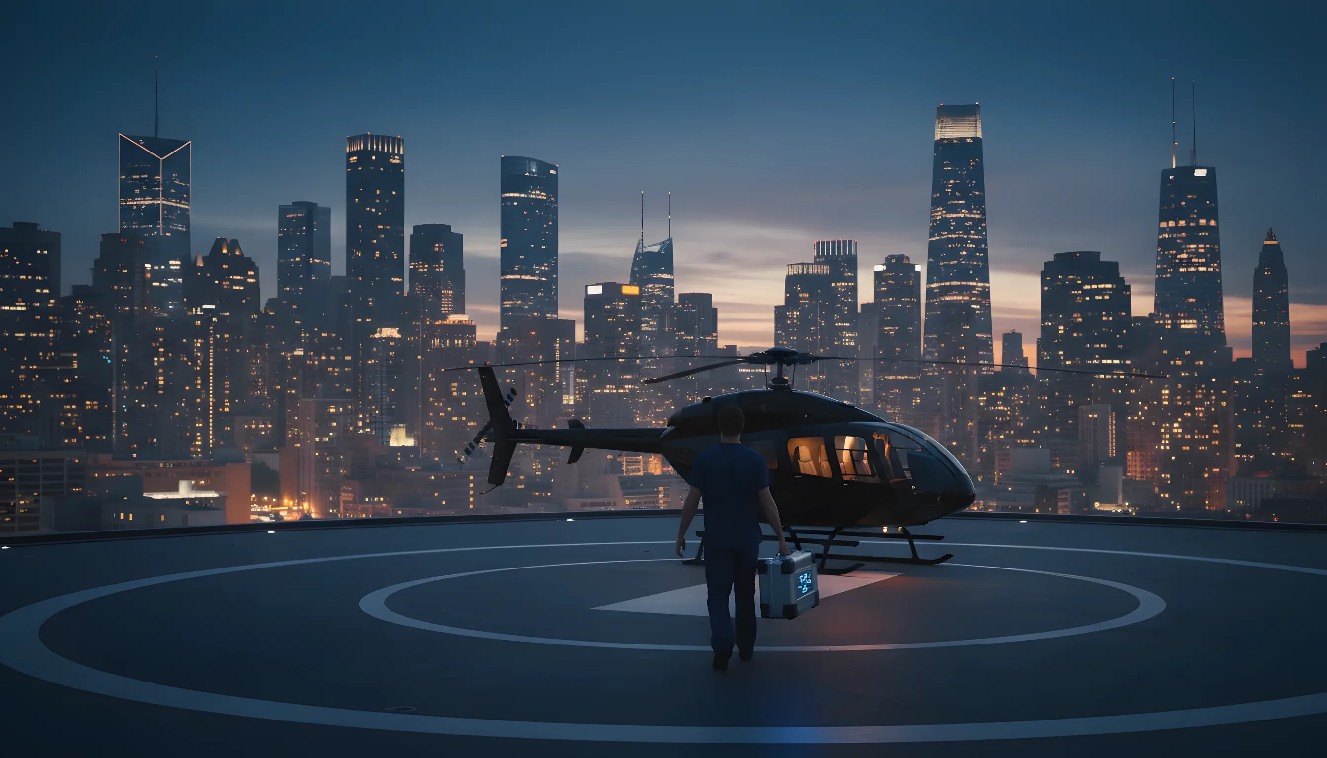 A medical professional carries a transport case to a helicopter on a rooftop helipad at dusk.