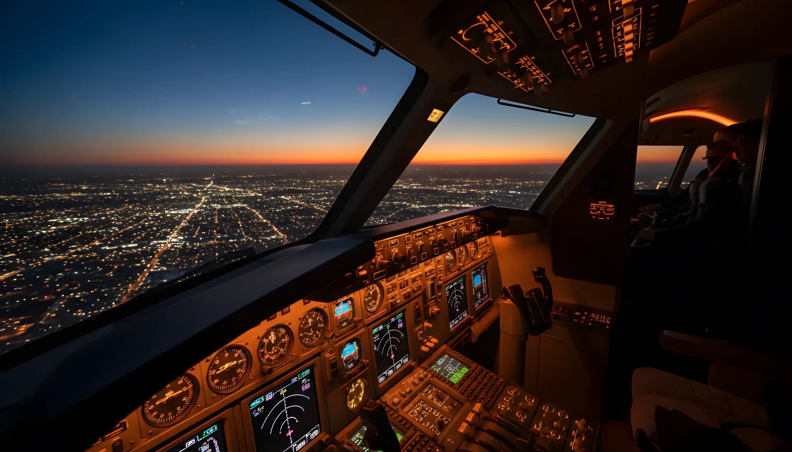 A pilot's view from a modern cockpit overlooking a city's lights at dusk.