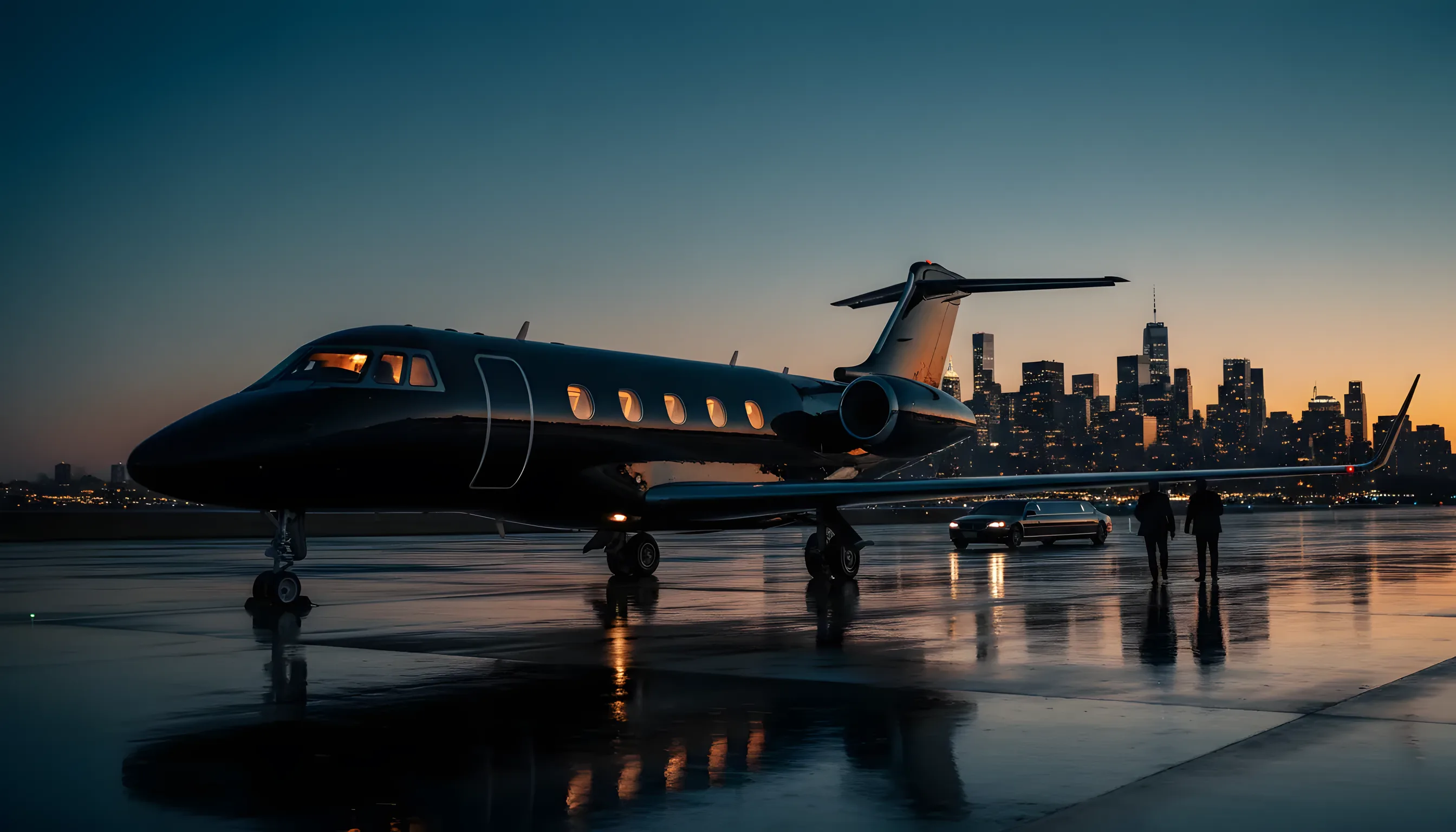 A private jet on an airport tarmac at dusk with a city skyline in the background.
