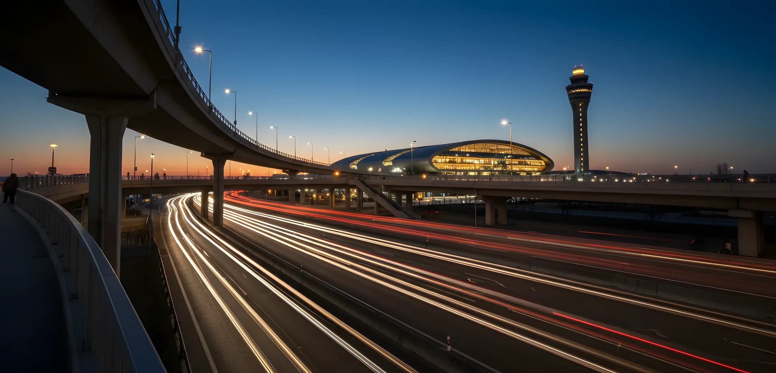 A highway overpass at dusk with light trails from traffic, leading toward a glowing airport terminal in the distance.