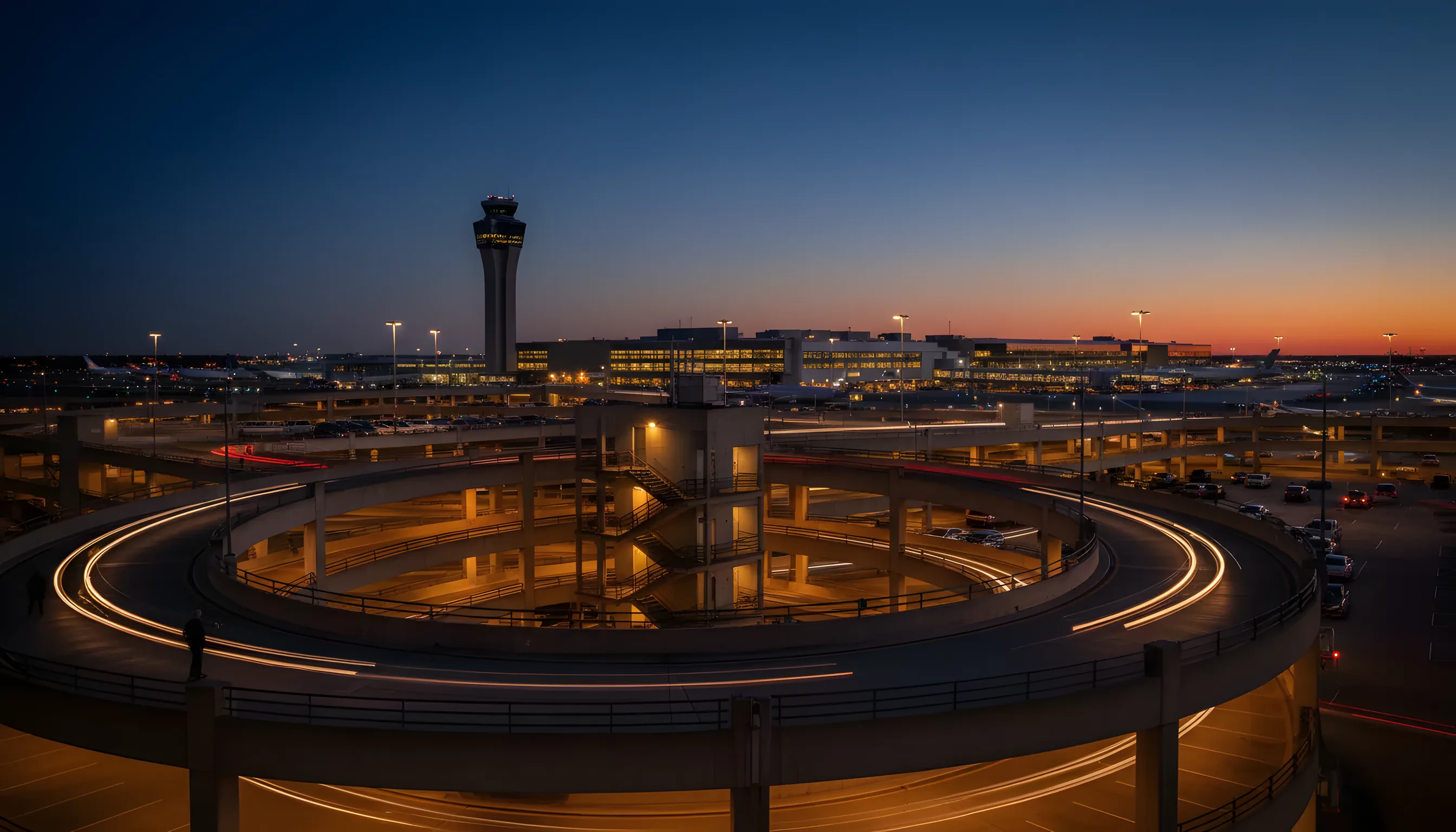 A modern multi-level airport parking garage illuminated at dusk, with an air traffic control tower in the background.