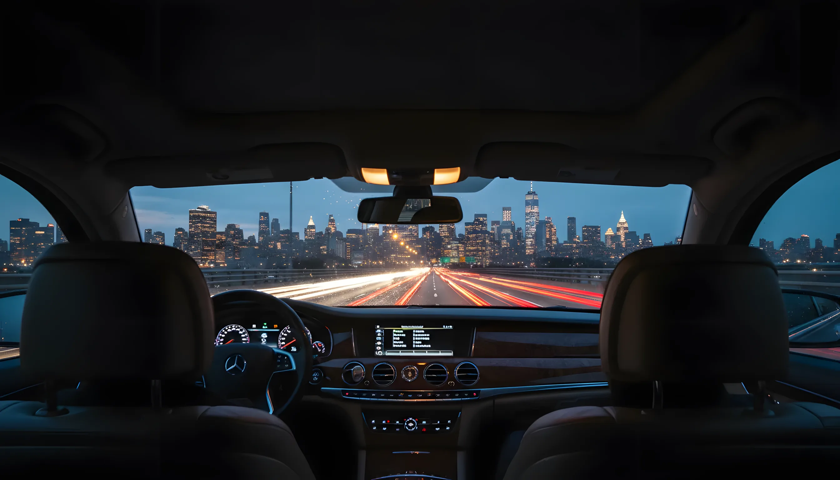 View from inside a car at dusk, looking down a highway toward a glowing city skyline.