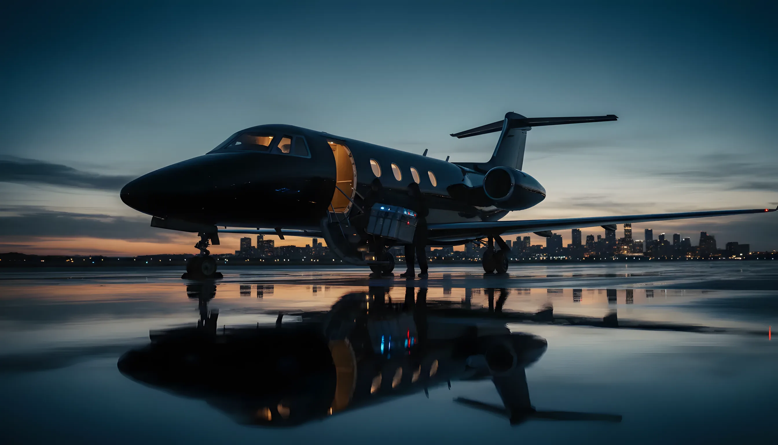 A medical transport container being loaded onto a private jet on an airfield at dusk.