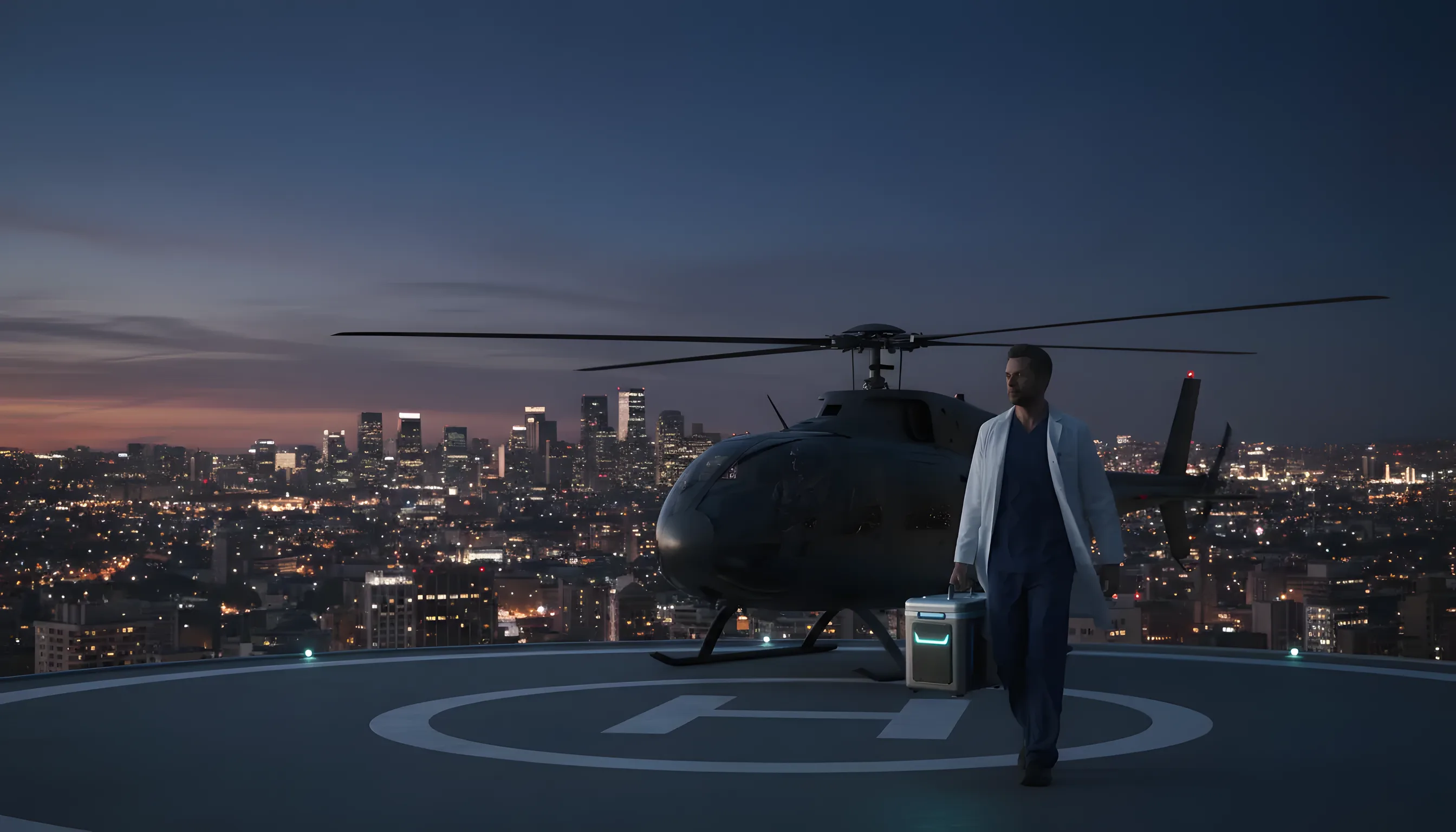 A person carries a medical cooler across a rooftop helipad at dusk, with a helicopter and a city skyline in the background.