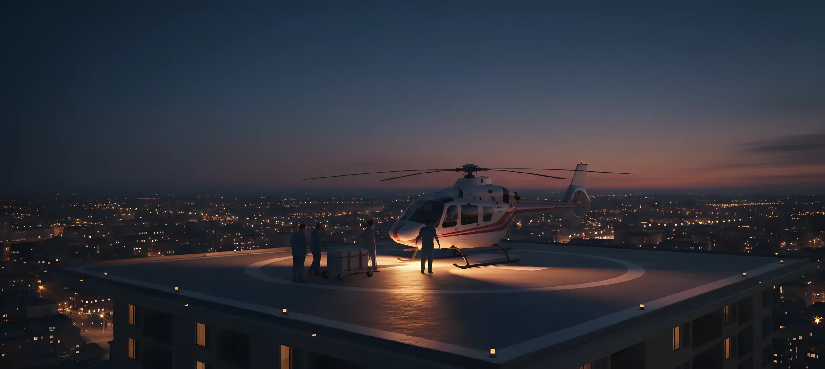 A helicopter on a rooftop helipad at dusk, with a medical team preparing for organ transport.