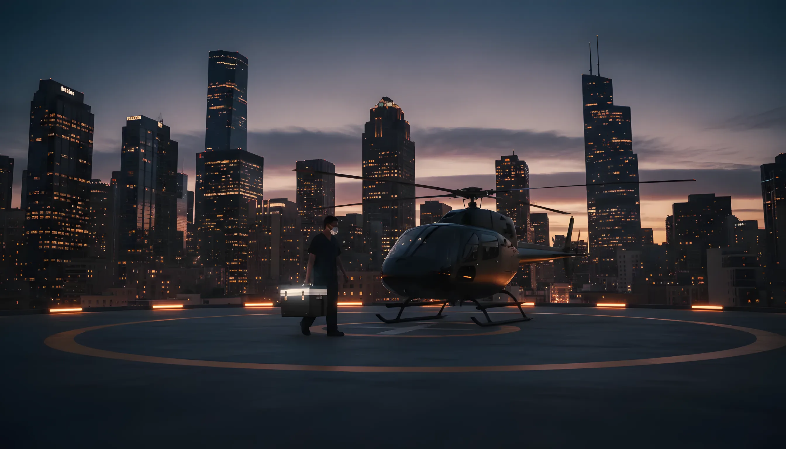 A medical professional carries a transport cooler to a helicopter on a rooftop helipad at dusk.