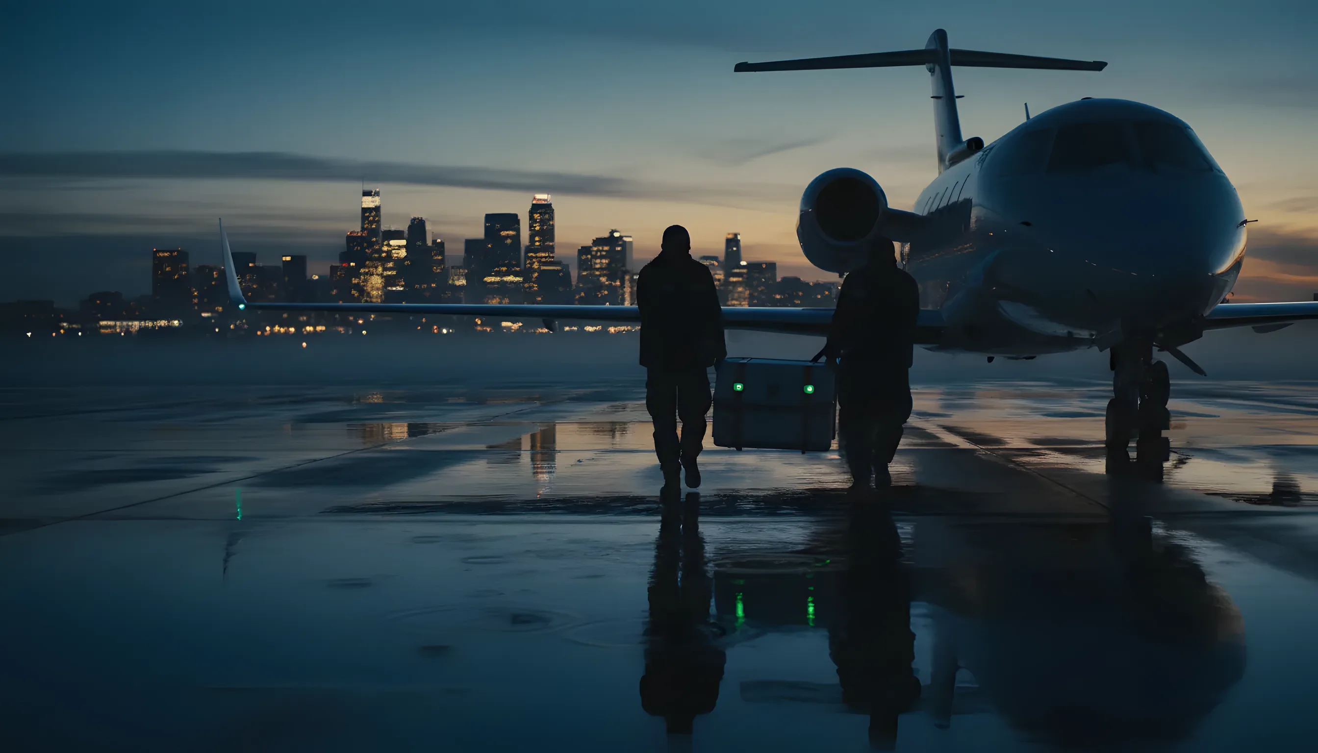 Medical team loading a transport container onto a private jet at dusk.