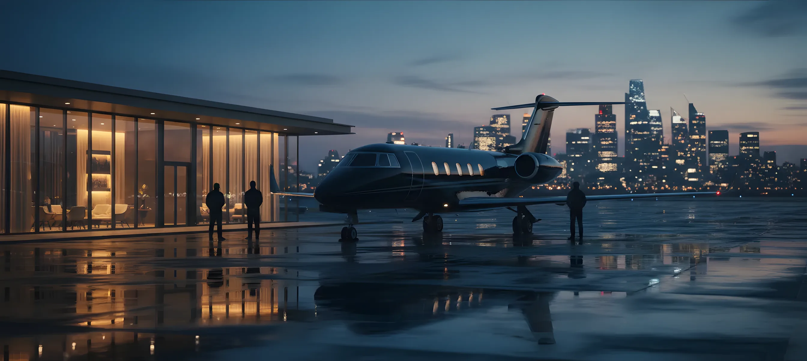 A private jet on an airport tarmac at dusk, with a glowing city skyline in the distance.