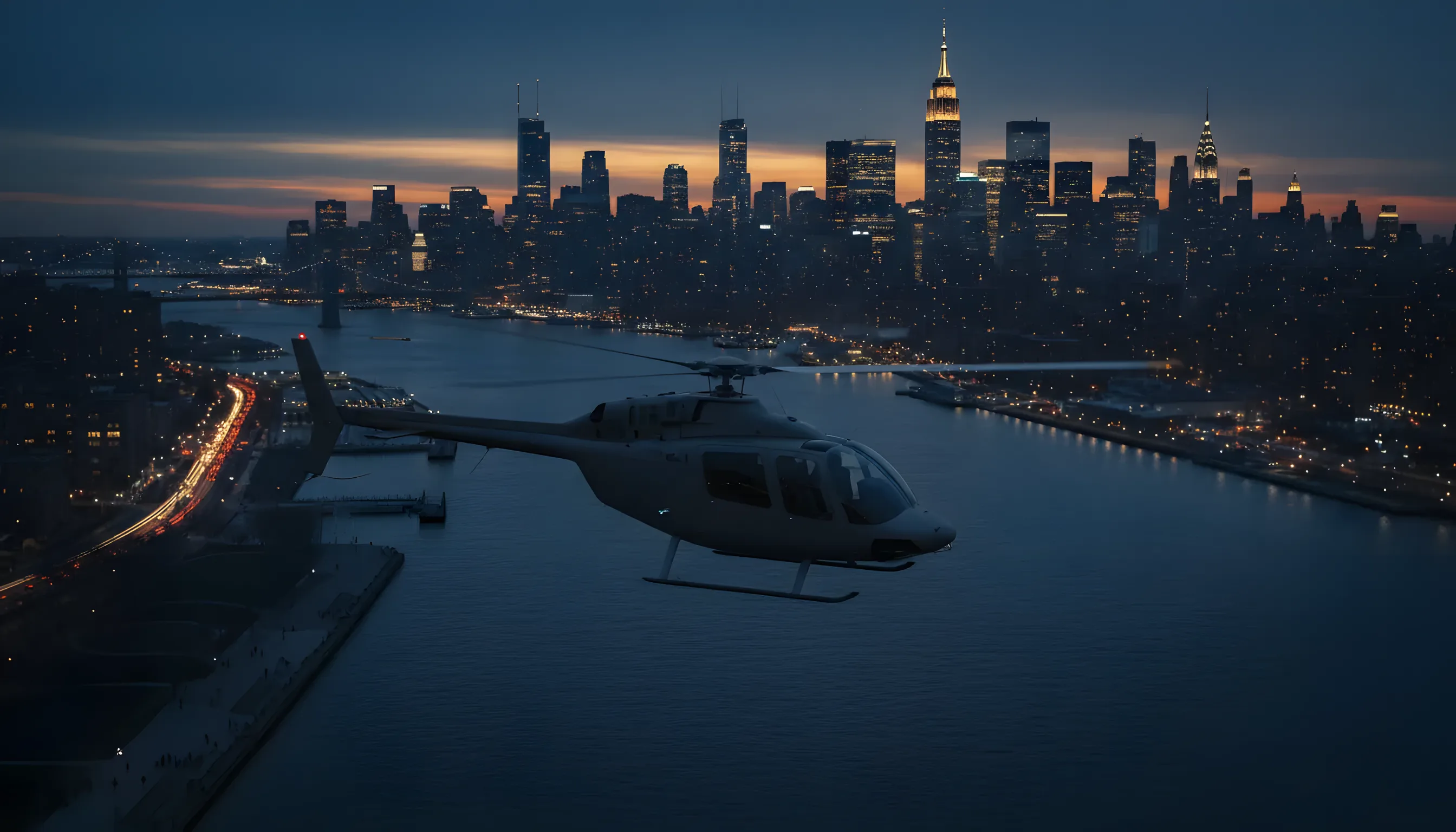 A helicopter flies over the river at dusk, with the expansive Midtown Manhattan skyline lit up in the background.