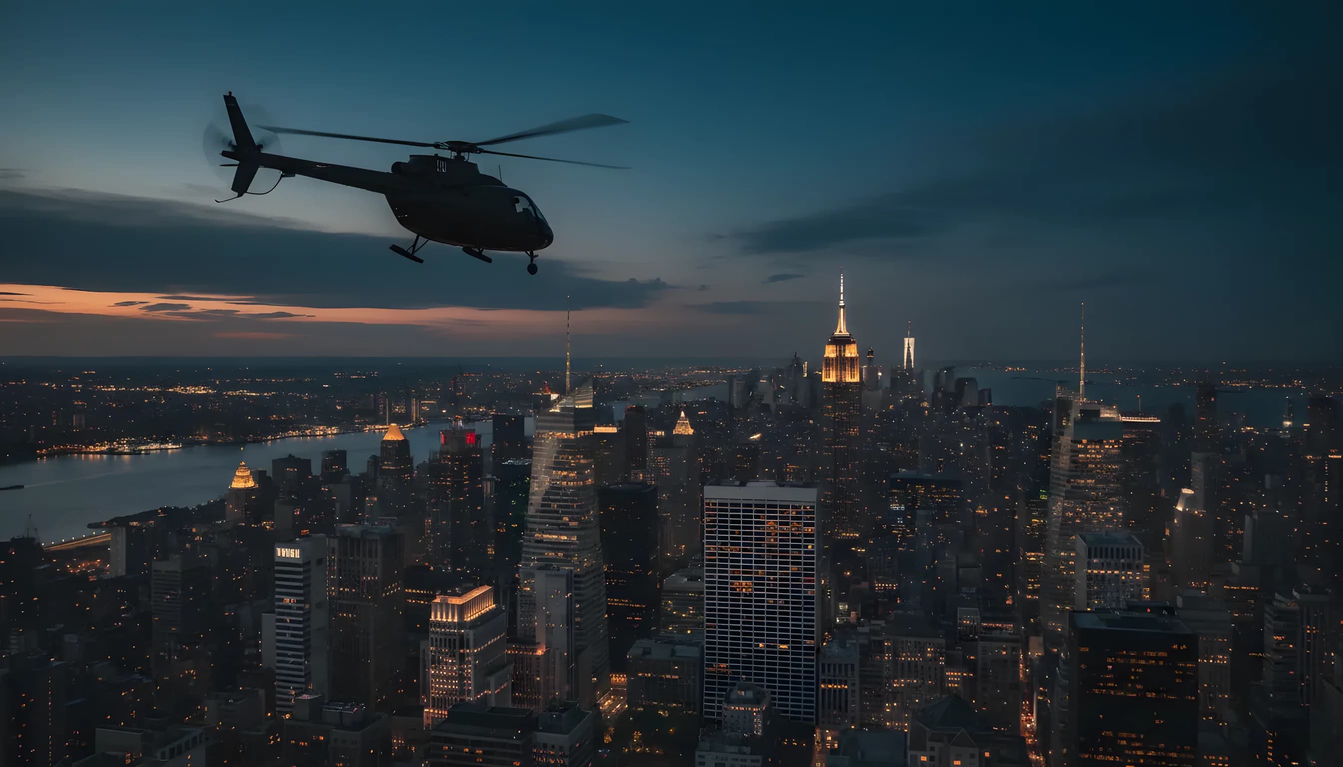 A helicopter flies over the glowing Manhattan skyline at dusk.