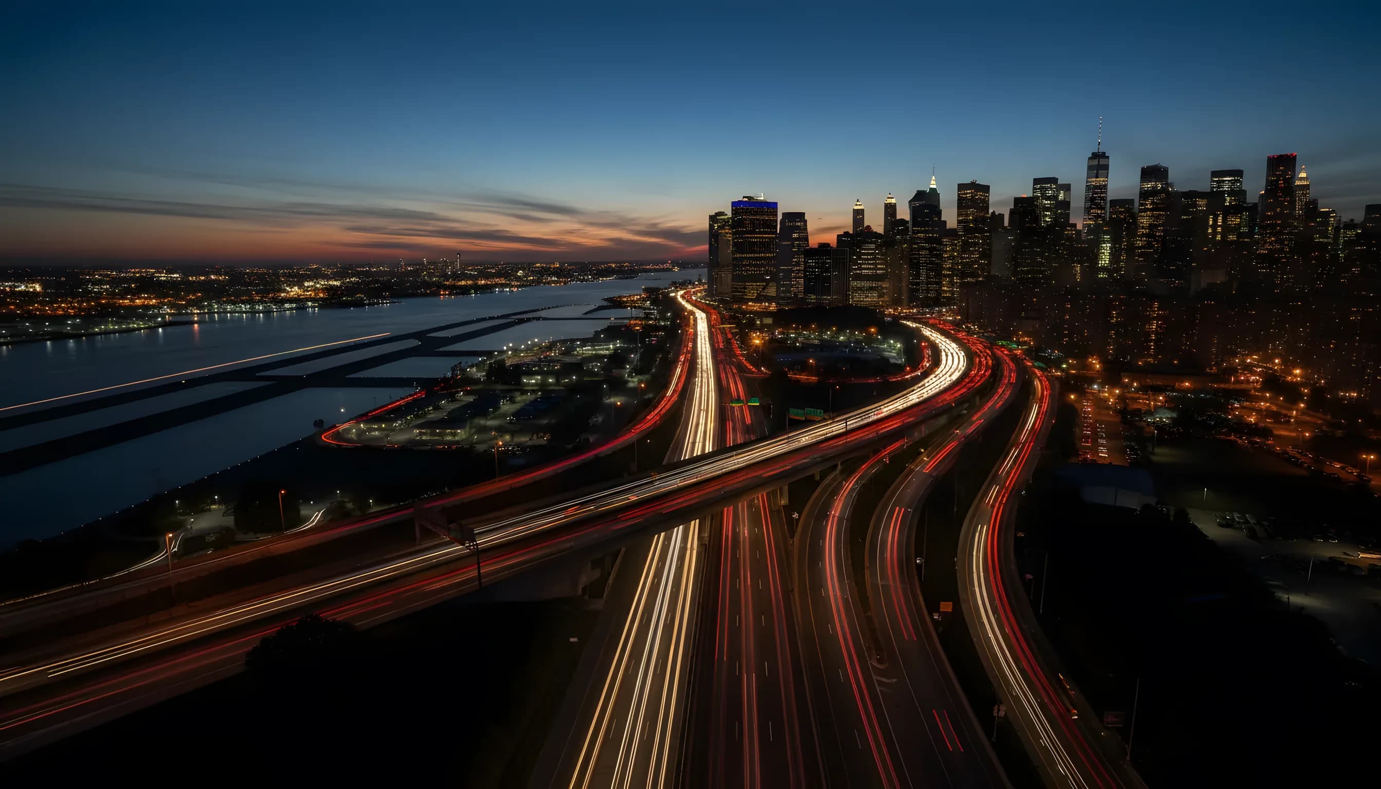 Aerial view of the Manhattan skyline at dusk, with light trails from highway traffic in the foreground.
