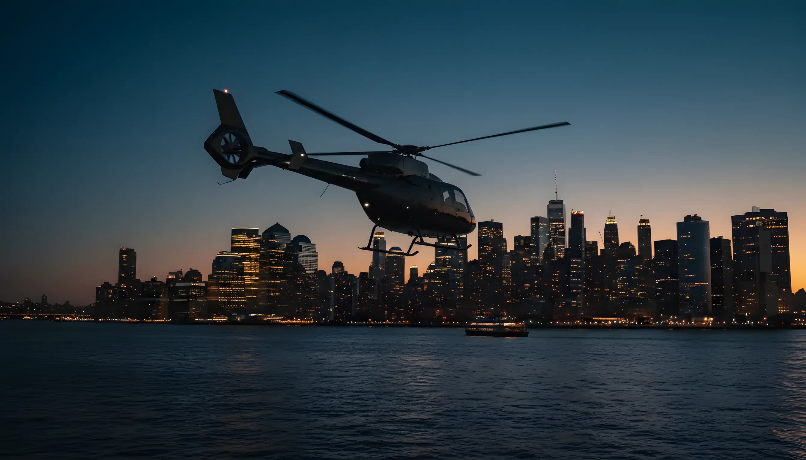 A helicopter flies over a river at dusk, with the illuminated Manhattan skyline in the background.