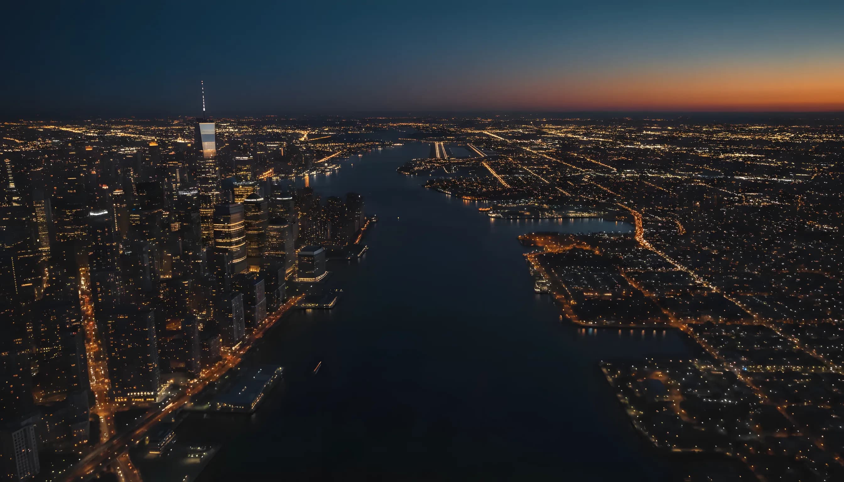 Aerial view of the Manhattan skyline and New Jersey at dusk from over the Hudson River, with an airport glowing in the distance.