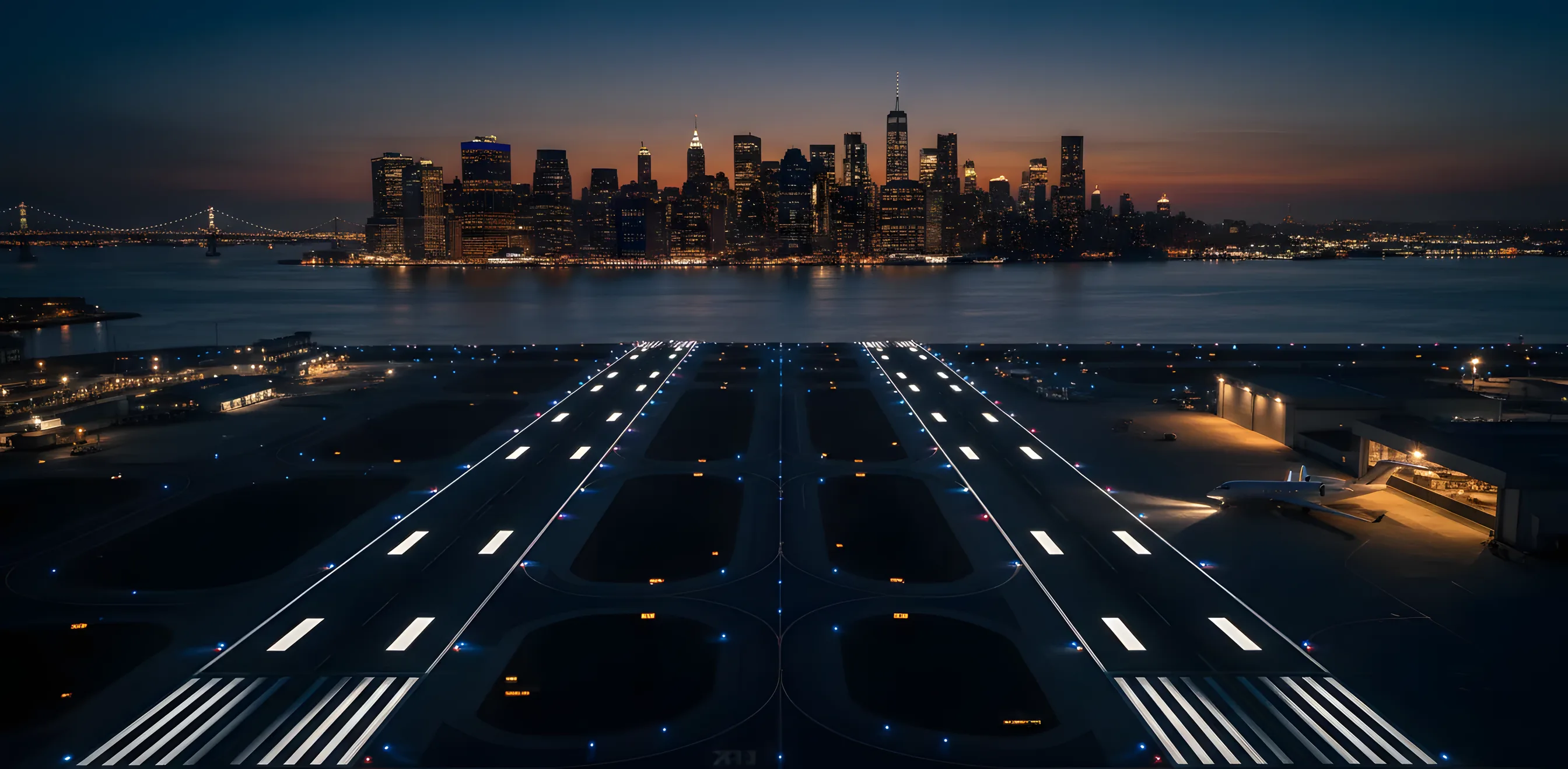 Aerial view of a private jet at an airport with the Manhattan skyline glowing in the distance at dusk.