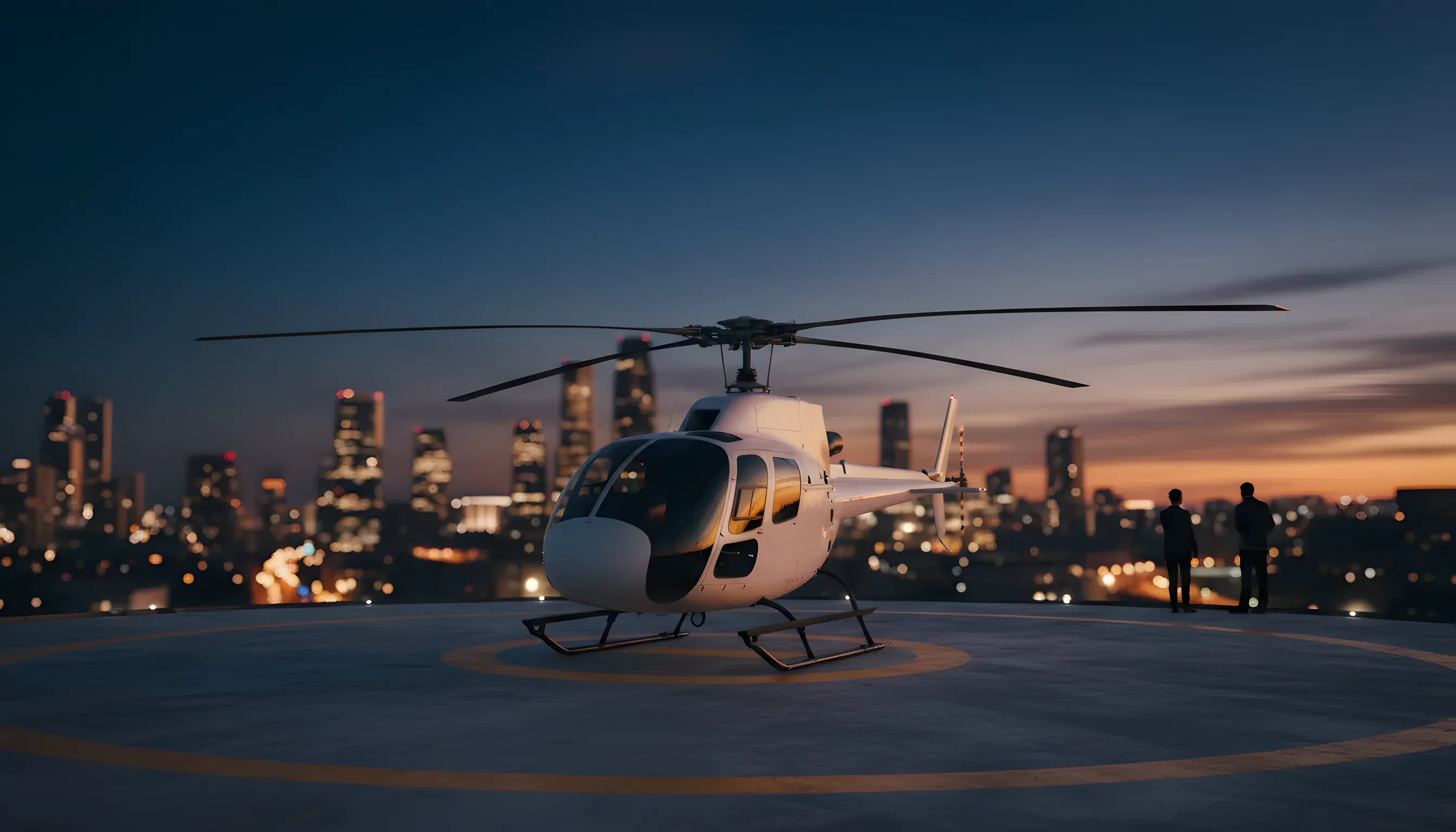 A white helicopter on a rooftop helipad with a city skyline visible in the background at sunrise.