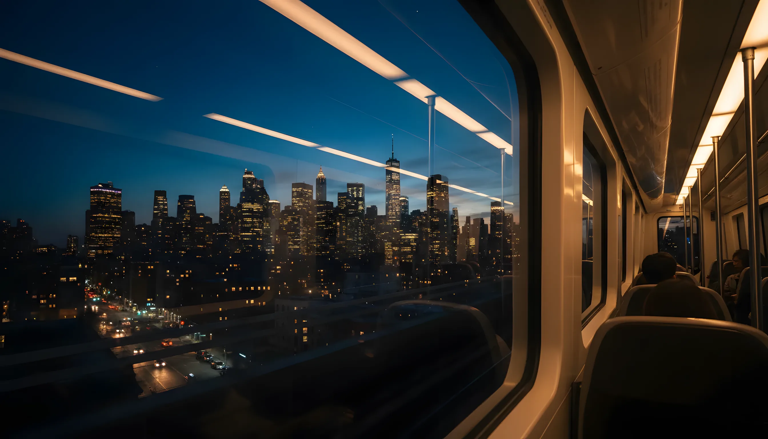 View of the Manhattan skyline at dusk from inside a moving train.