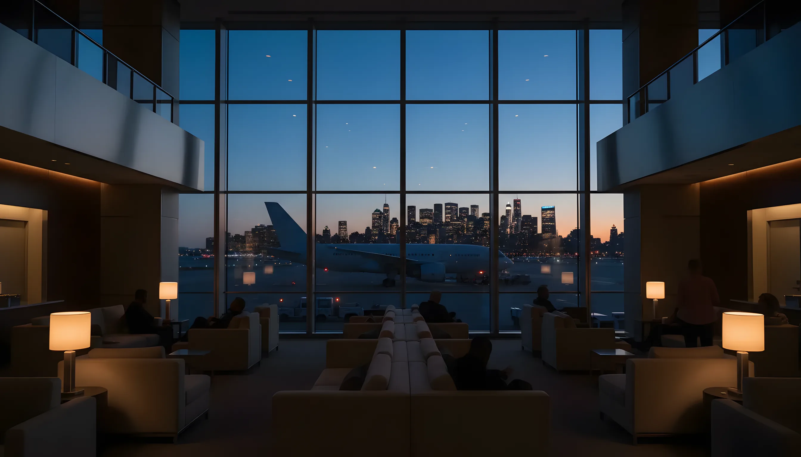 A modern airport lounge at dusk with a large passenger jet visible through the windows against a city skyline.