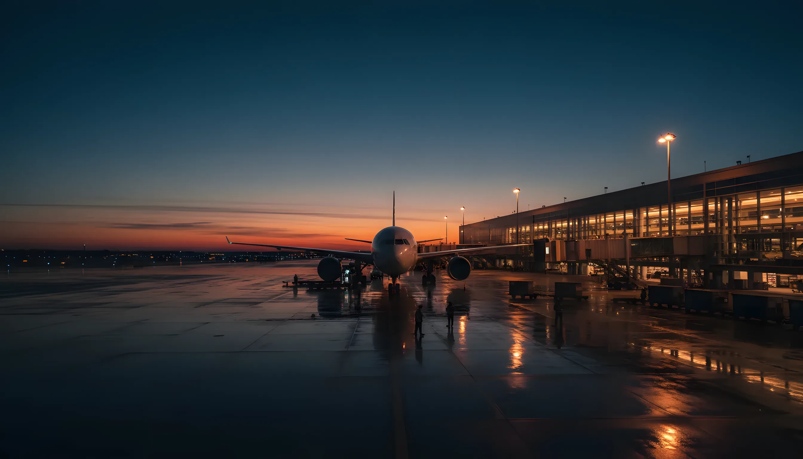 A passenger jet at an airport terminal gate just after sunset, with the terminal lights glowing.