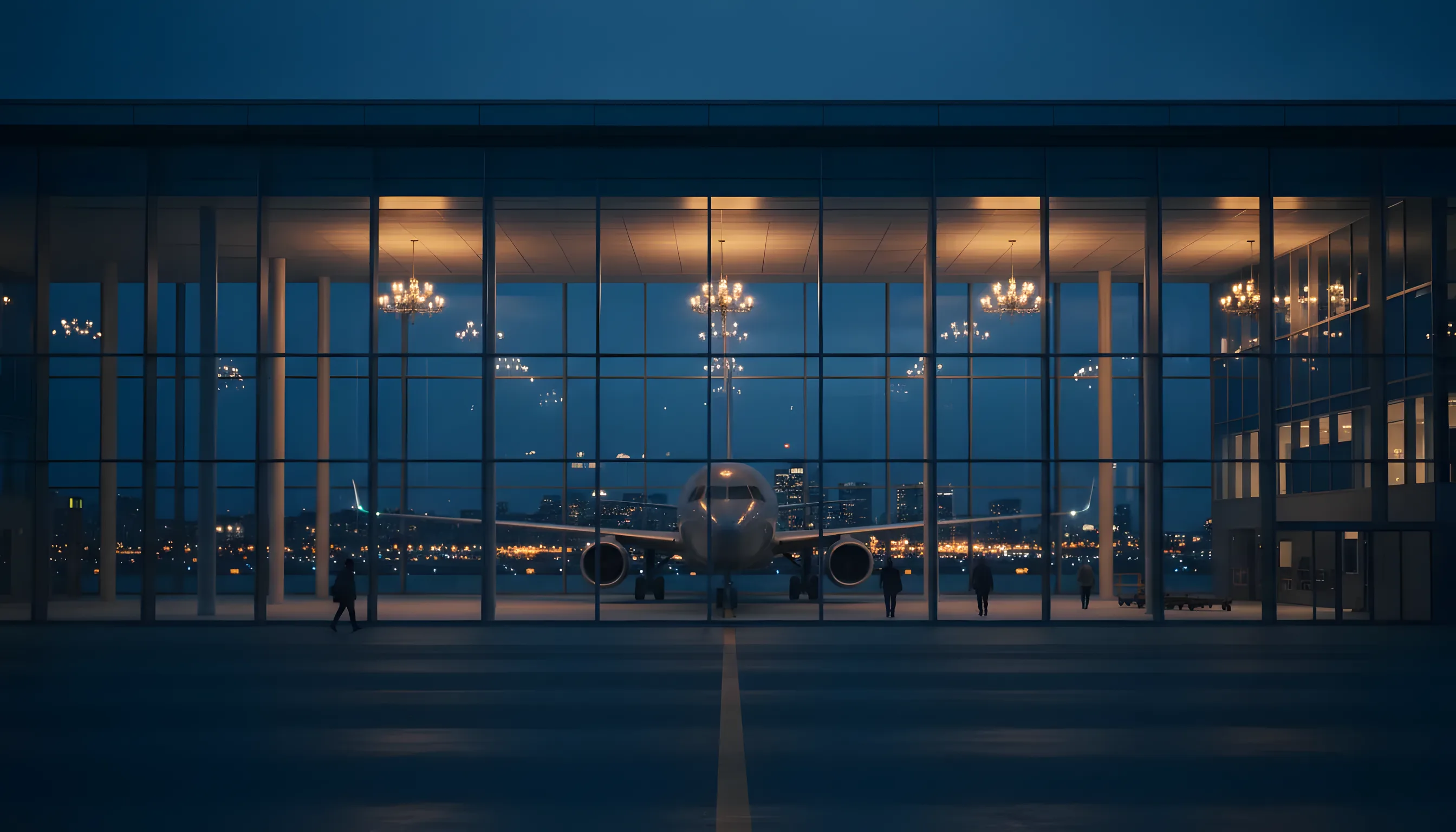 A modern airport terminal at dusk with a passenger jet parked at the gate, ready for departure.